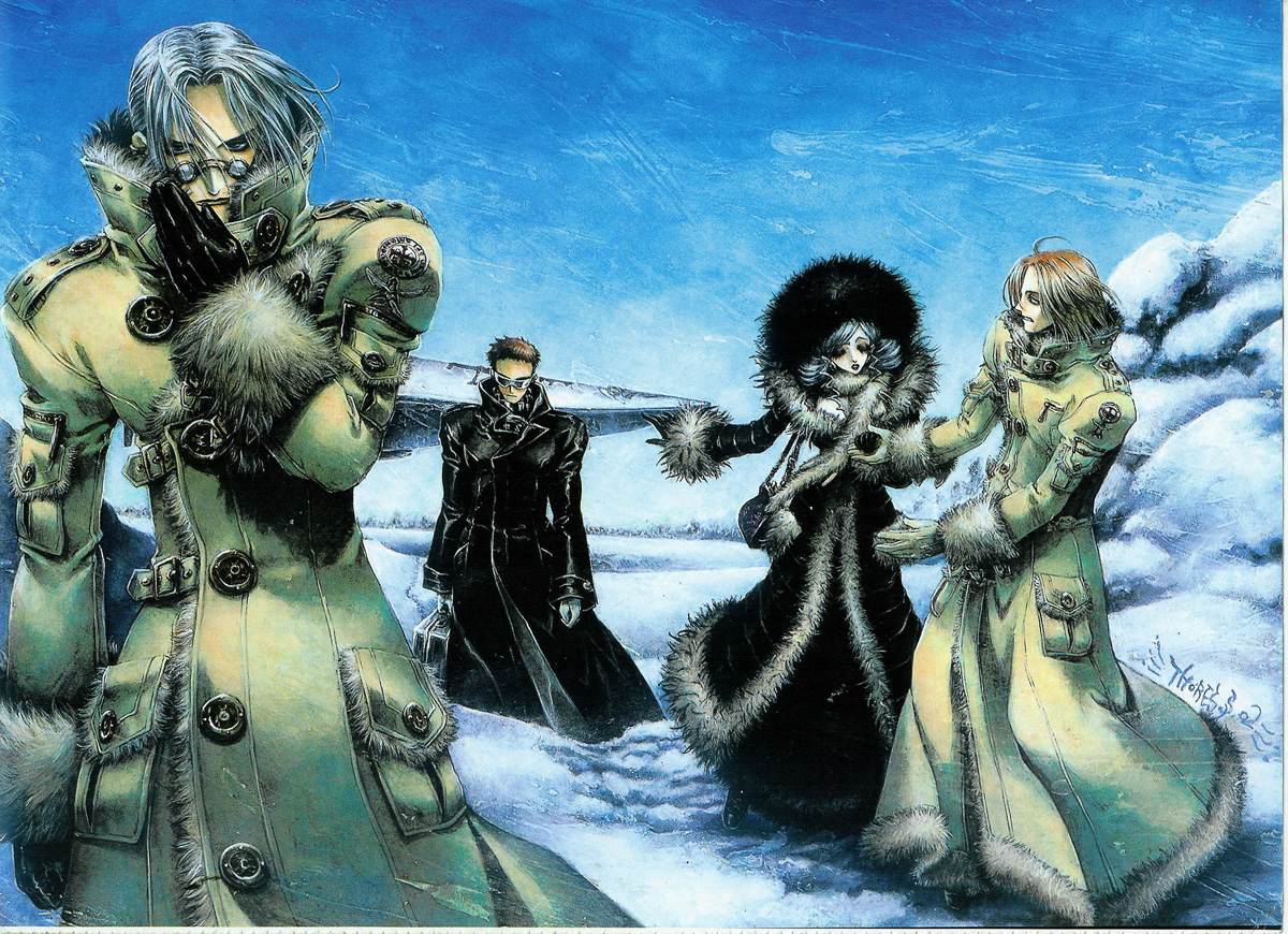 shibamoto thores, abel nightroad, antonio borgia, helga von vogelweide, tres iqus, trinity blood, official art, scan, 00s, 1girl, 3boys, afro, black hair, brown gloves, brown hair, coat, glasses, gloves, long sleeves, looking at viewer, multiple boys, outdoors, short hair, snow, standing, winter, winter clothes, winter coat