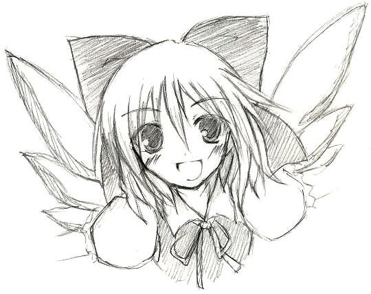 eku, cirno, embodiment of scarlet devil, touhou, bad id, bad pixiv id, 1girl, female focus, greyscale, monochrome, sketch, solo, upper body, white background