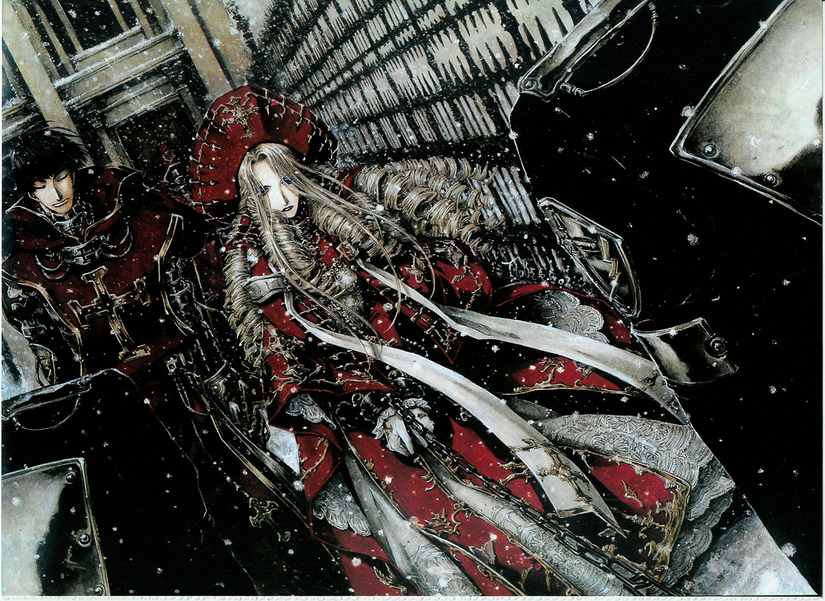 shibamoto thores, caterina sforza, trinity blood, silver hair, official art, scan, 00s, 1girl, blonde hair, bonnet, curly hair, dress, drill hair, dutch angle, formal clothes, long hair, long sleeves, looking at viewer, machinery, outdoors, red dress, snow, very long hair