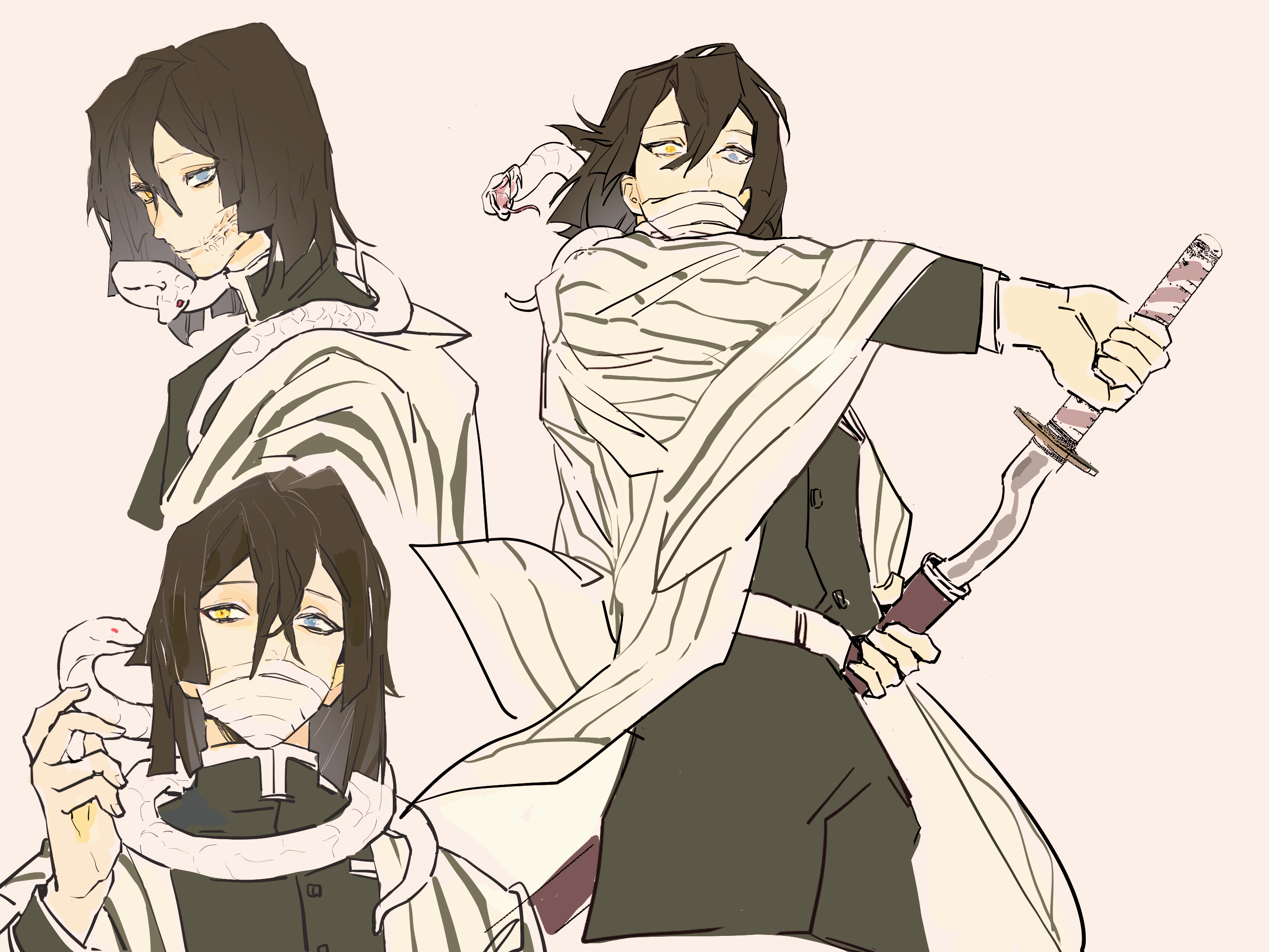 iguro obanai, kaburamaru, kimetsu no yaiba, highres, 1boy, bandaged head, bandages, bandages over mouth, belt, black hair, black jacket, black pants, blue eyes, blunt bangs, blunt ends, chaerenlover, cowboy shot, demon slayer uniform, drawing sword, facial mark, hair between eyes, heterochromia, holding, holding sword, holding weapon, jacket, male focus, medium hair, multiple views, orange eyes, pants, snake, snake wrapped around neck, solo, striped haori, sword, upper body, weapon, white belt