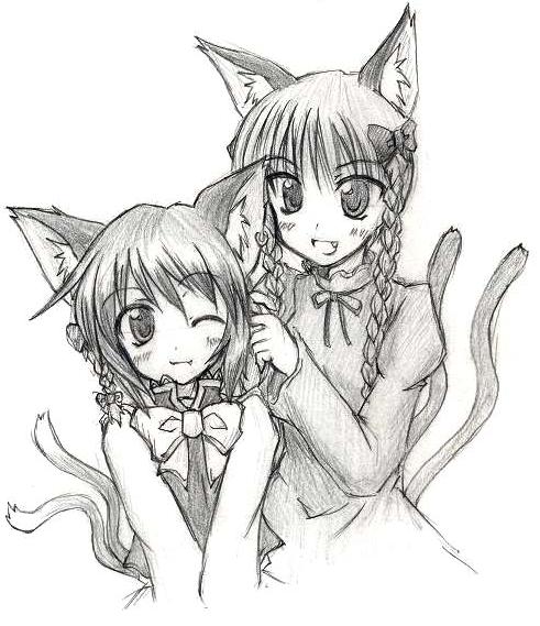 eku, chen, kaenbyou rin, touhou, bad id, bad pixiv id, graphite (medium), traditional media, 2girls, alternate hairstyle, animal ears, braid, cat ears, cat girl, cat tail, earrings, fang, female focus, greyscale, hair ribbon, hairdressing, hat, jewelry, monochrome, multiple girls, multiple tails, no headwear, one eye closed, ribbon, short hair, sketch, smile, tail, twin braids, wink