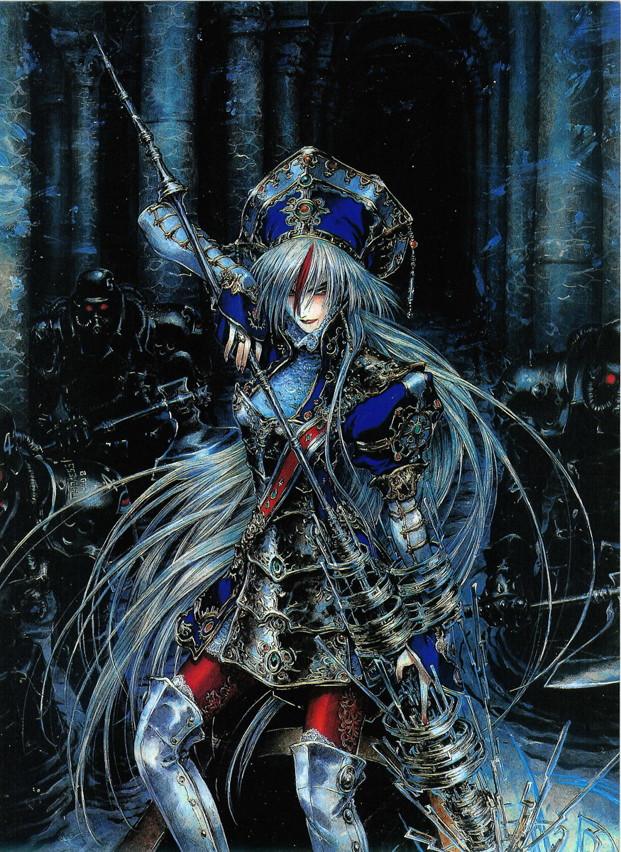 shibamoto thores, astharoshe asran, trinity blood, highres, official art, scan, 00s, 1girl, armor, armored boots, boots, contrapposto, female focus, holding, holding weapon, lance, long hair, looking at viewer, polearm, solo, standing, thigh boots, thighhighs, very long hair, weapon