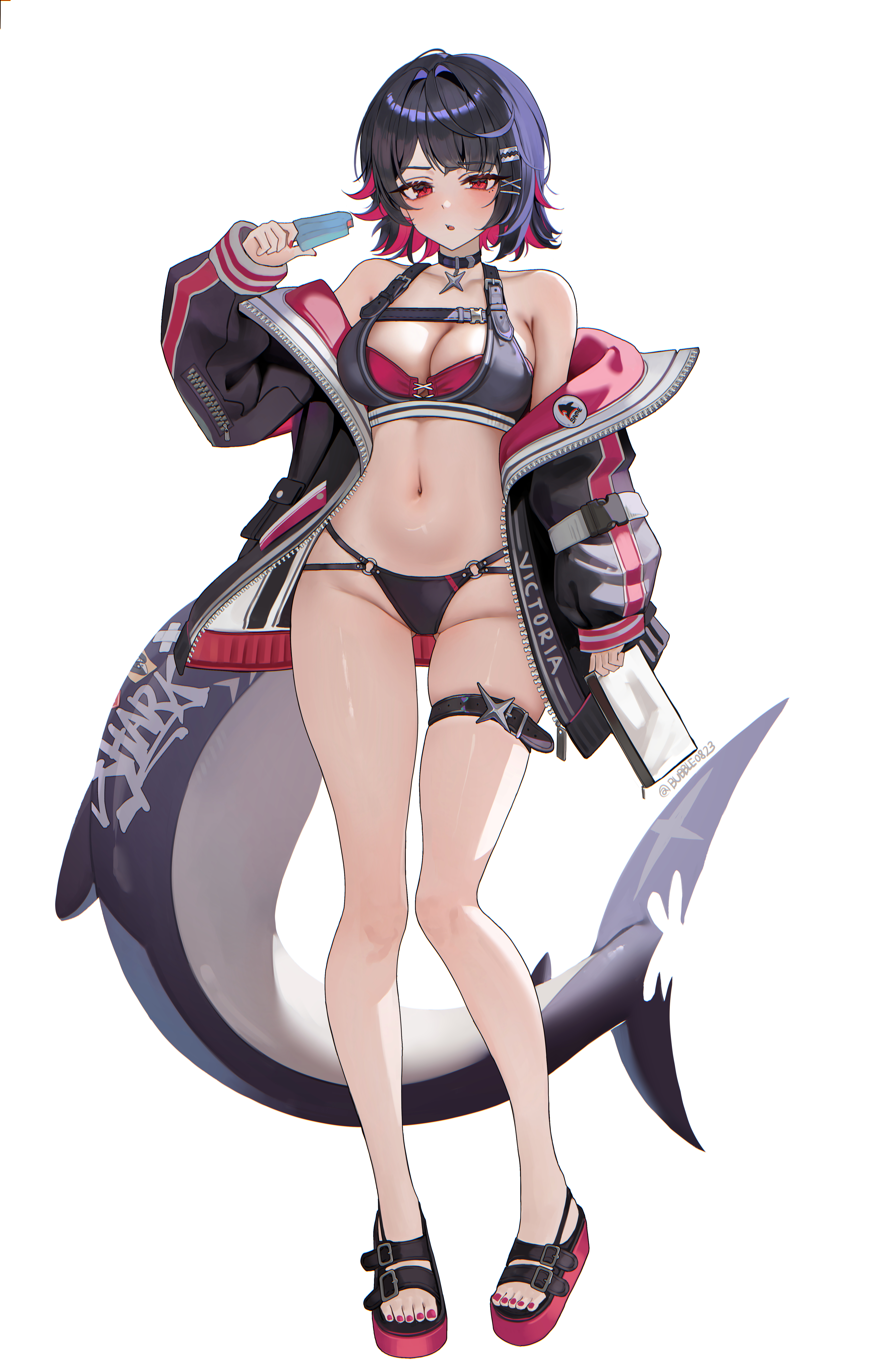 bubble99, ellen joe, zenless zone zero, absurdres, commentary request, highres, korean commentary, 1girl, alternate costume, belt, bikini, black bikini, black hair, black jacket, breasts, cleavage, fins, fish tail, food, full body, holding, holding food, holding popsicle, jacket, large breasts, nail polish, navel, popsicle, red eyes, red hair, sandals, shark girl, shark tail, short hair, simple background, solo, stomach, swimsuit, tail, thigh belt, thigh strap, toenail polish, toenails, toes, white background