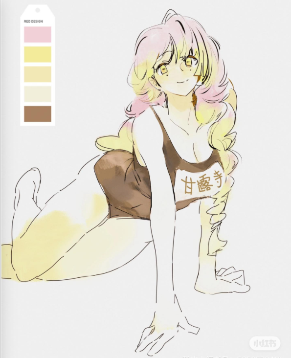 kanroji mitsuri, kimetsu no yaiba, 1girl, alternate costume, bare arms, bare shoulders, barefoot, black one-piece swimsuit, blonde hair, breasts, chaerenlover, cleavage, color guide, foot out of frame, grey background, hair between eyes, large breasts, mole, mole under each eye, mole under eye, multicolored hair, multiple moles, one-piece swimsuit, pink hair, school swimsuit, smile, solo, swimsuit, two-tone hair
