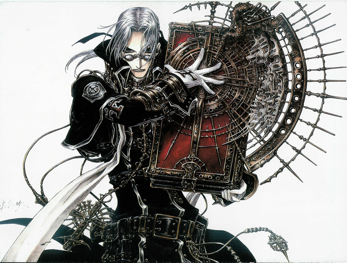 shibamoto thores, abel nightroad, trinity blood, silver hair, uniform, official art, scan, 00s, 1boy, belt, book, book focus, buckle, coat, cowboy shot, holding, holding book, long sleeves, looking at viewer, male focus, oversized object, simple background, solo, standing, white background