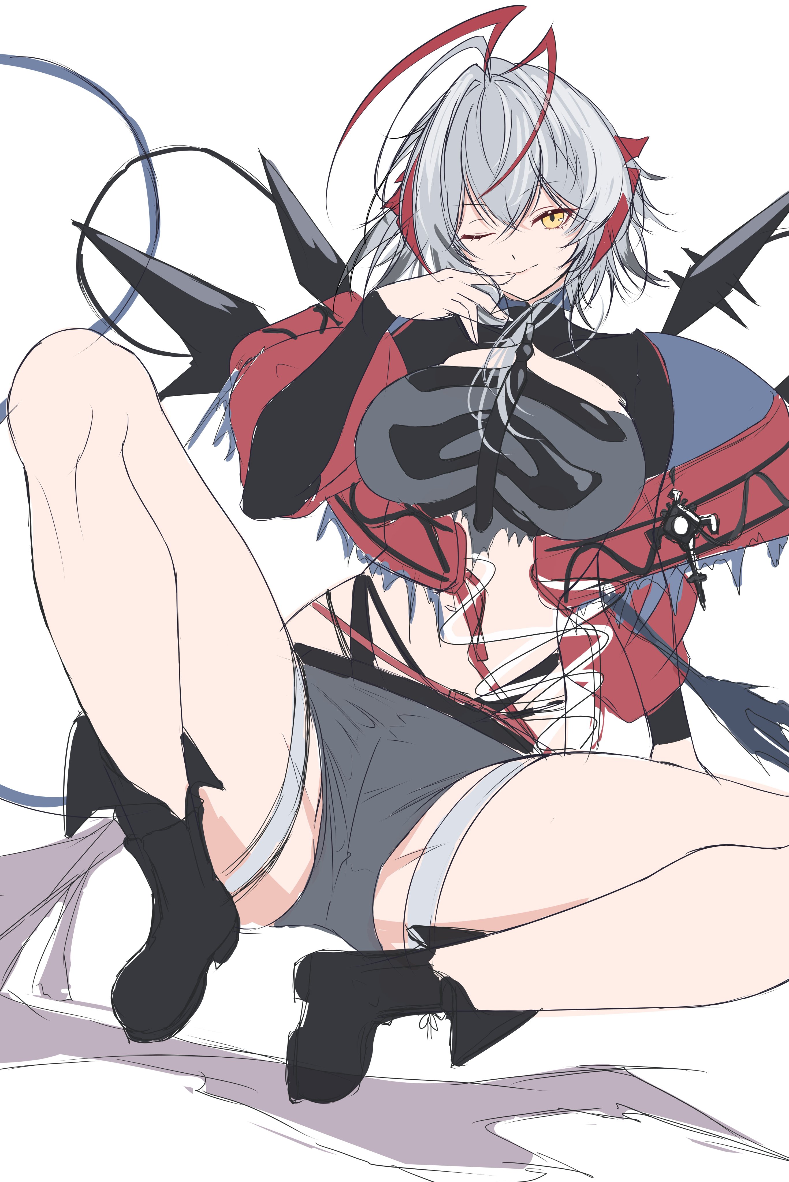 furaide, w (arknights), wis'adel (arknights), arknights, absurdres, highres, 1girl, black boots, boots, breasts, grey hair, hair between eyes, large breasts, looking at viewer, medium hair, navel, official alternate costume, one eye closed, simple background, solo, thighs, white background, yellow eyes