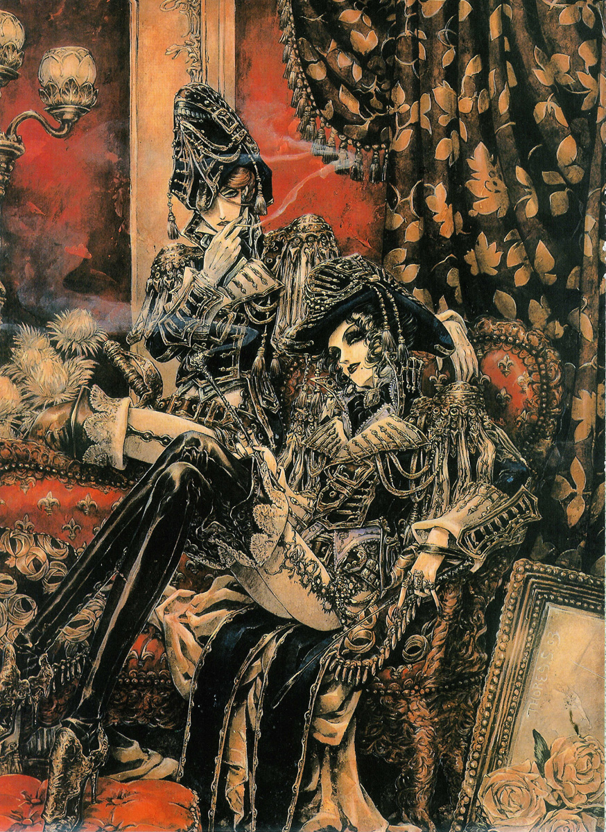 shibamoto thores, jane judith jocelyn, mary spencer, trinity blood, black legwear, silver hair, uniform, highres, official art, scan, 00s, 2girls, curly hair, flower, head tilt, knees up, looking at viewer, multiple girls, pillar, plant, rose, sitting, smoke, smoking, thighhighs