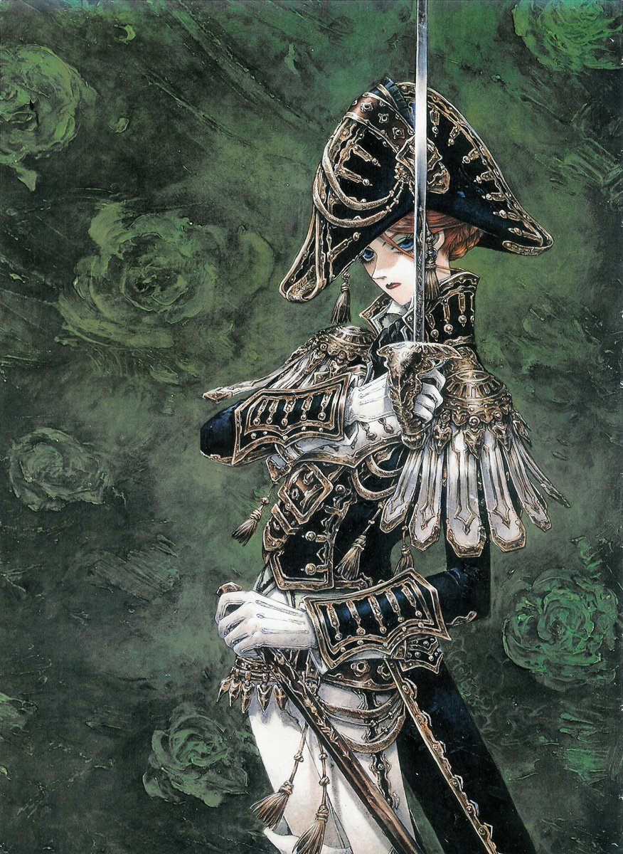 shibamoto thores, mary spencer, trinity blood, uniform, highres, official art, scan, traditional media, 00s, 1girl, blue eyes, female focus, flower, lipstick, makeup, rapier, red hair, rose, solo, standing, sword, weapon