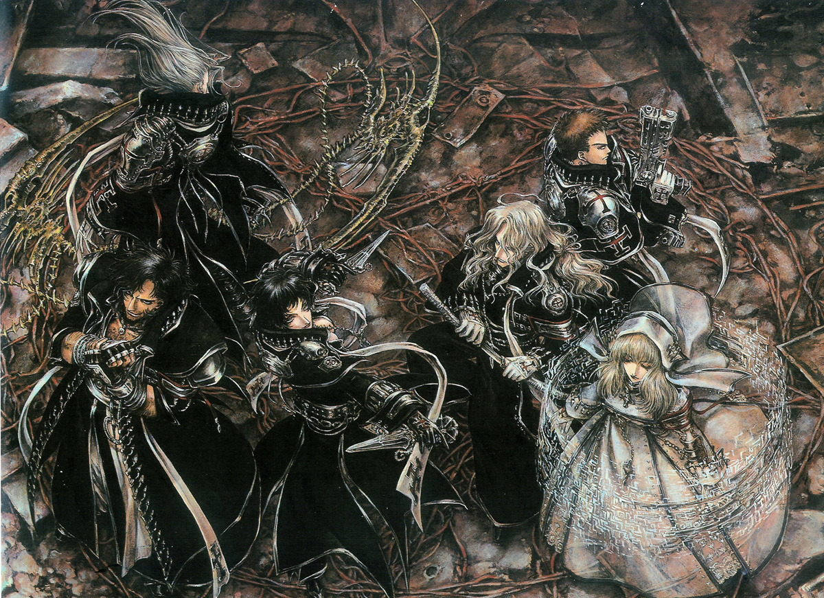 shibamoto thores, abel nightroad, hugue de watteau, kate scott, leon garcia de asturias, monica argento, tres iqus, trinity blood, uniform, official art, scan, 00s, 2girls, 4boys, chain, coat, long sleeves, looking at viewer, multiple boys, multiple girls, standing, sword, weapon