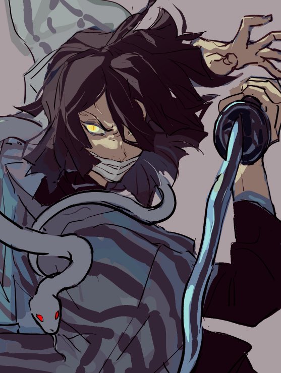 iguro obanai, kaburamaru, kimetsu no yaiba, 1boy, bandaged head, bandages, bandages over mouth, black hair, black jacket, black pants, chaerenlover, demon slayer uniform, furrowed brow, grey background, hair between eyes, hair over one eye, holding, holding sword, holding weapon, jacket, male focus, medium hair, pants, red eyes, snake, striped haori, sword, weapon, yellow eyes