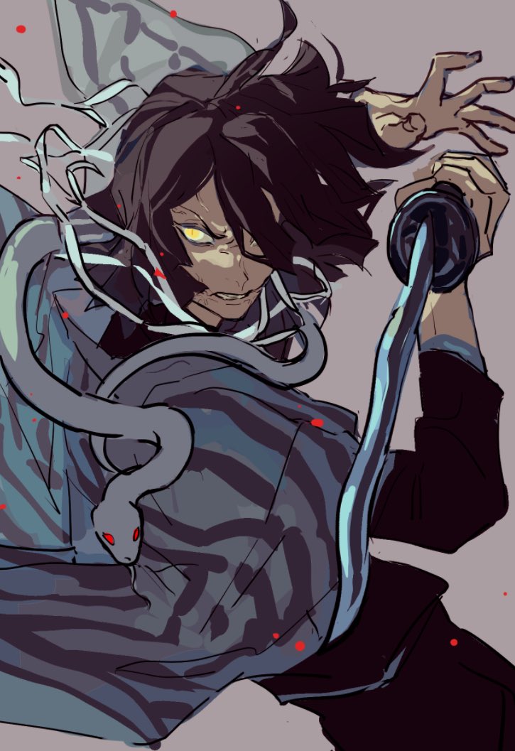 iguro obanai, kaburamaru, kimetsu no yaiba, 1boy, black hair, black jacket, black pants, chaerenlover, clenched teeth, demon slayer uniform, furrowed brow, grey background, hair between eyes, hair over one eye, holding, holding sword, holding weapon, jacket, loose bandages, male focus, medium hair, pants, parted lips, red eyes, snake, striped haori, sword, teeth, weapon, yellow eyes