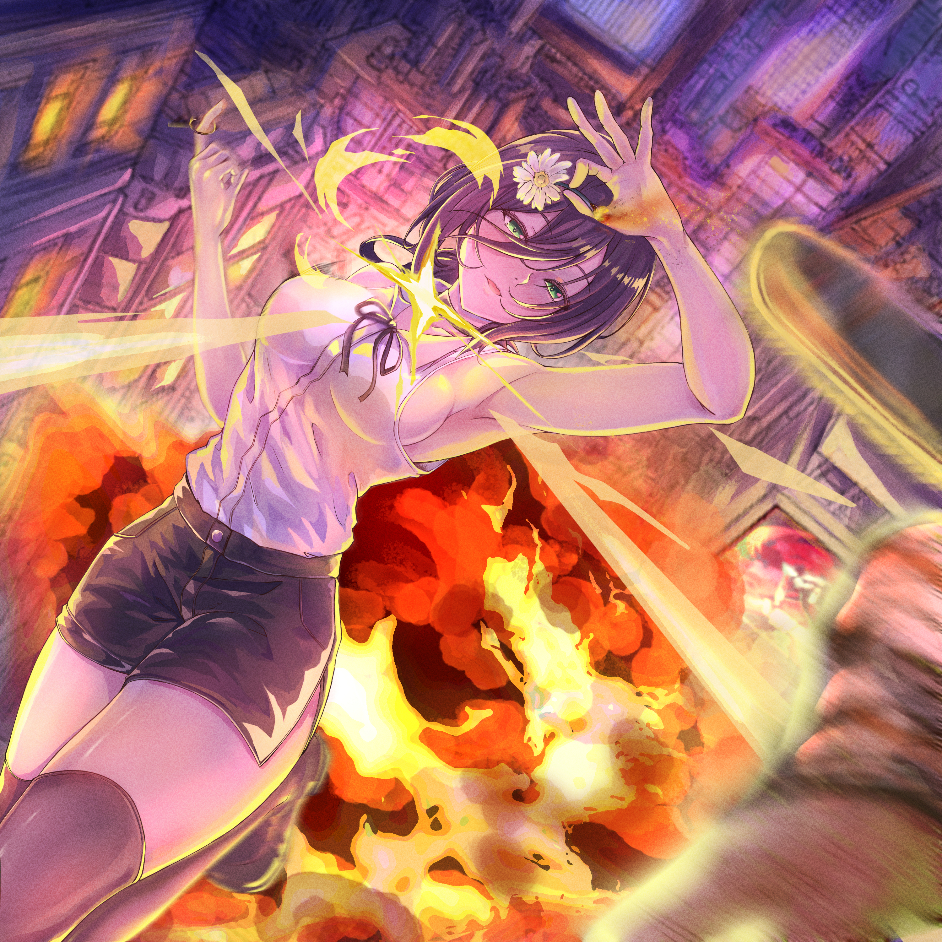 zone25388591, denji (chainsaw man), reze (chainsaw man), chainsaw man, absurdres, commentary, highres, 1boy, 1girl, battle, black ribbon, black shorts, black thighhighs, breasts, building, city, closed mouth, explosion, flower, green eyes, grenade pin, hair between eyes, hair flower, hair ornament, large breasts, looking at viewer, neck ribbon, purple hair, ribbon, shirt, shirt tucked in, short shorts, shorts, sideboob, sleeveless, sleeveless shirt, solo focus, thighhighs, white flower