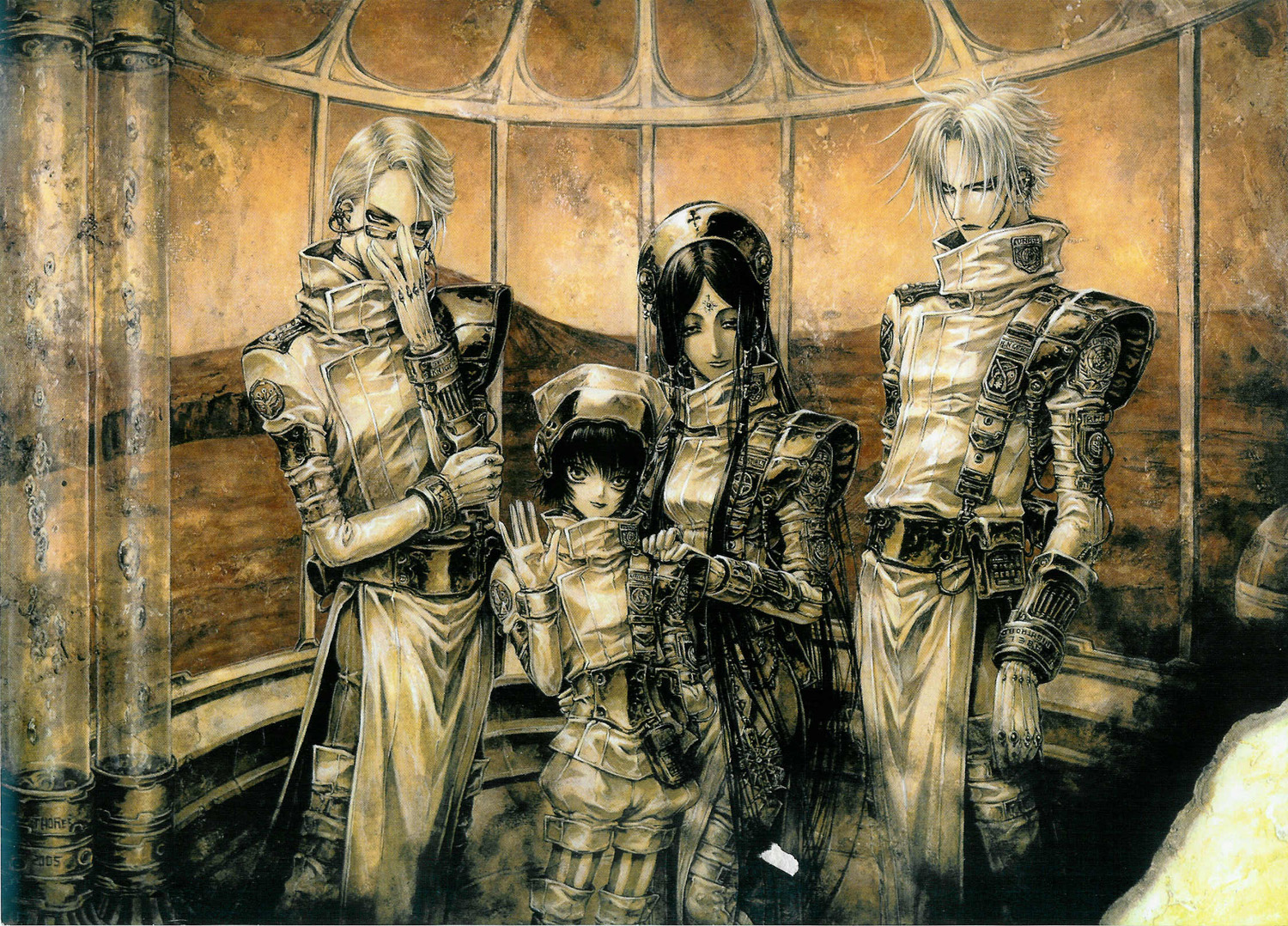 shibamoto thores, abel nightroad, cain nightroad, lilith sahl, seth nightroad, trinity blood, official art, 00s, 2boys, 2girls, adjusting eyewear, belt, black hair, desert, facial mark, forehead mark, glasses, gloves, hat, height difference, long hair, looking at viewer, multiple boys, multiple girls, nurse cap, outdoors, serious, short hair, shorts, smile, standing, steampunk, tube, waving, white hair