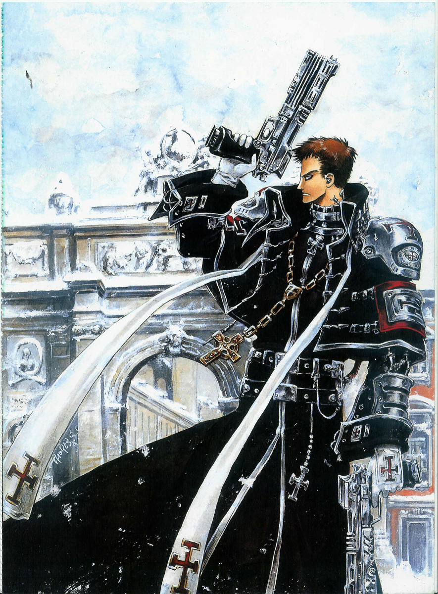 shibamoto thores, tres iqus, trinity blood, highres, official art, scan, 00s, 1boy, armor, gun, handgun, male focus, pauldrons, shoulder armor, snow, solo, weapon