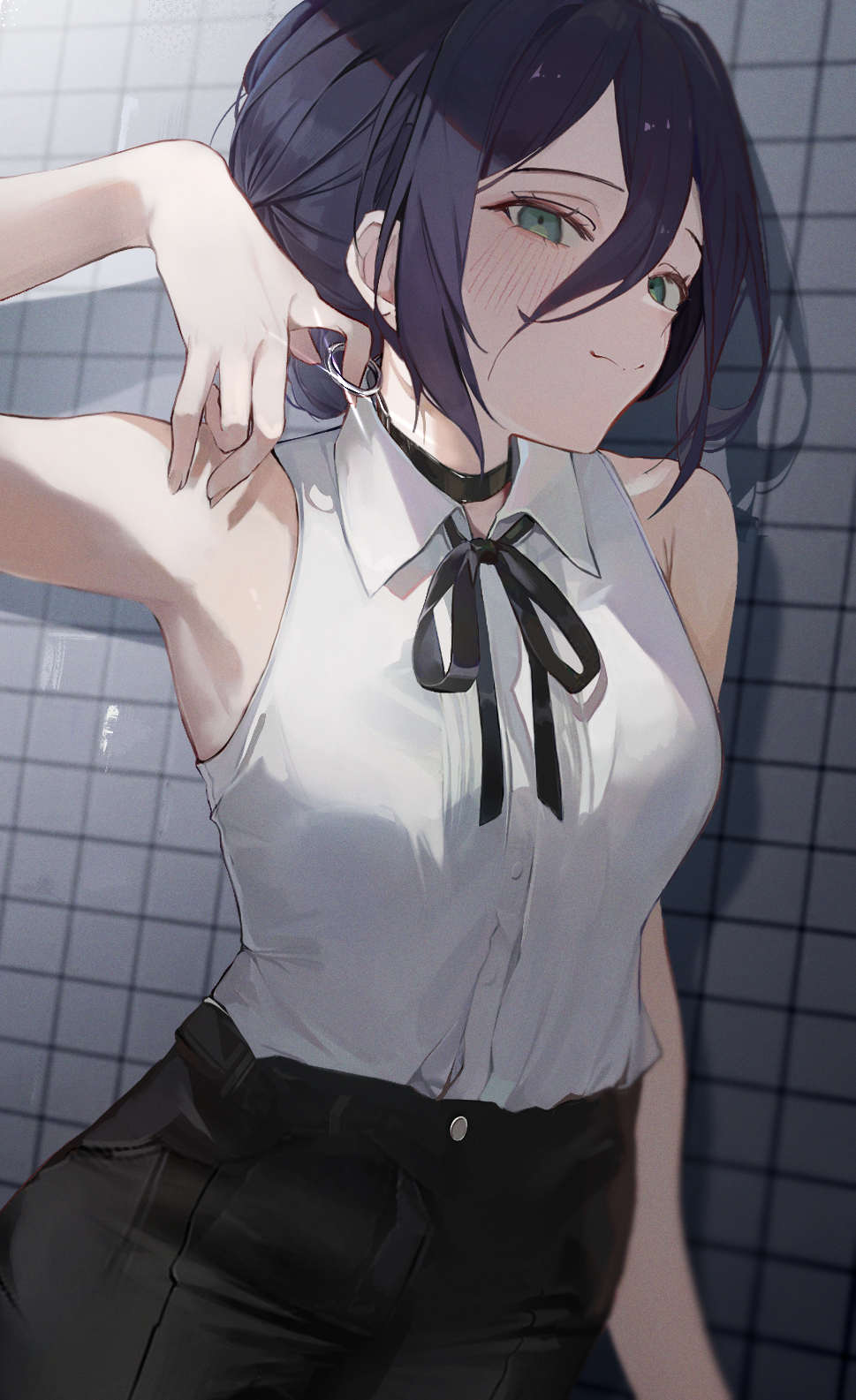 i!roha, reze (chainsaw man), chainsaw man, commentary, highres, 1girl, black choker, black hair, black ribbon, choker, closed mouth, collared shirt, green eyes, grenade pin, hair between eyes, neck ribbon, ribbon, shirt, shirt tucked in, sleeveless, sleeveless shirt, smile, solo, tile wall, tiles, white shirt