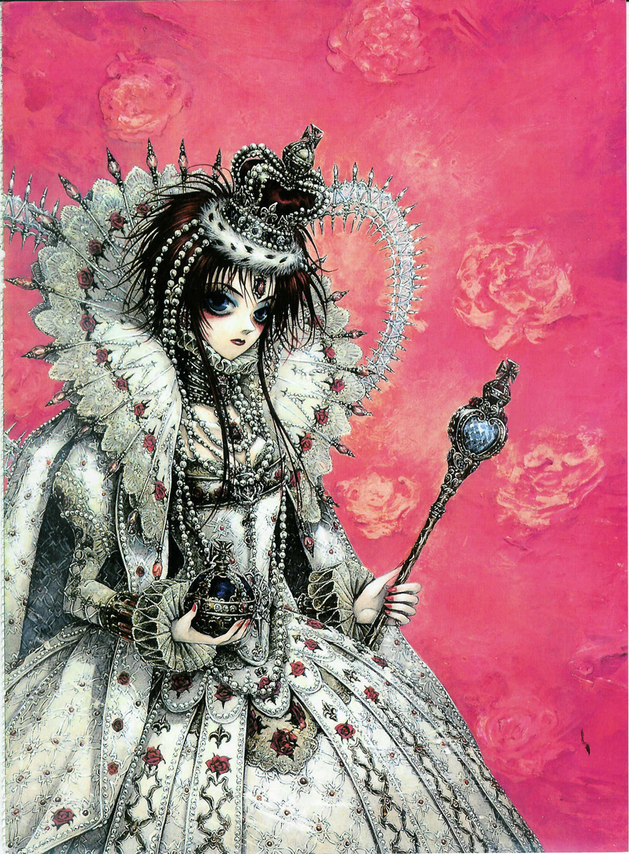 shibamoto thores, brigitte ii, esther blanchett, trinity blood, highres, official art, scan, spoilers, 00s, 1girl, brown hair, crown, dress, female focus, flower, globus cruciger, makeup, medium hair, nail polish, neck ruff, orb, queen, red nails, rose, scepter, solo