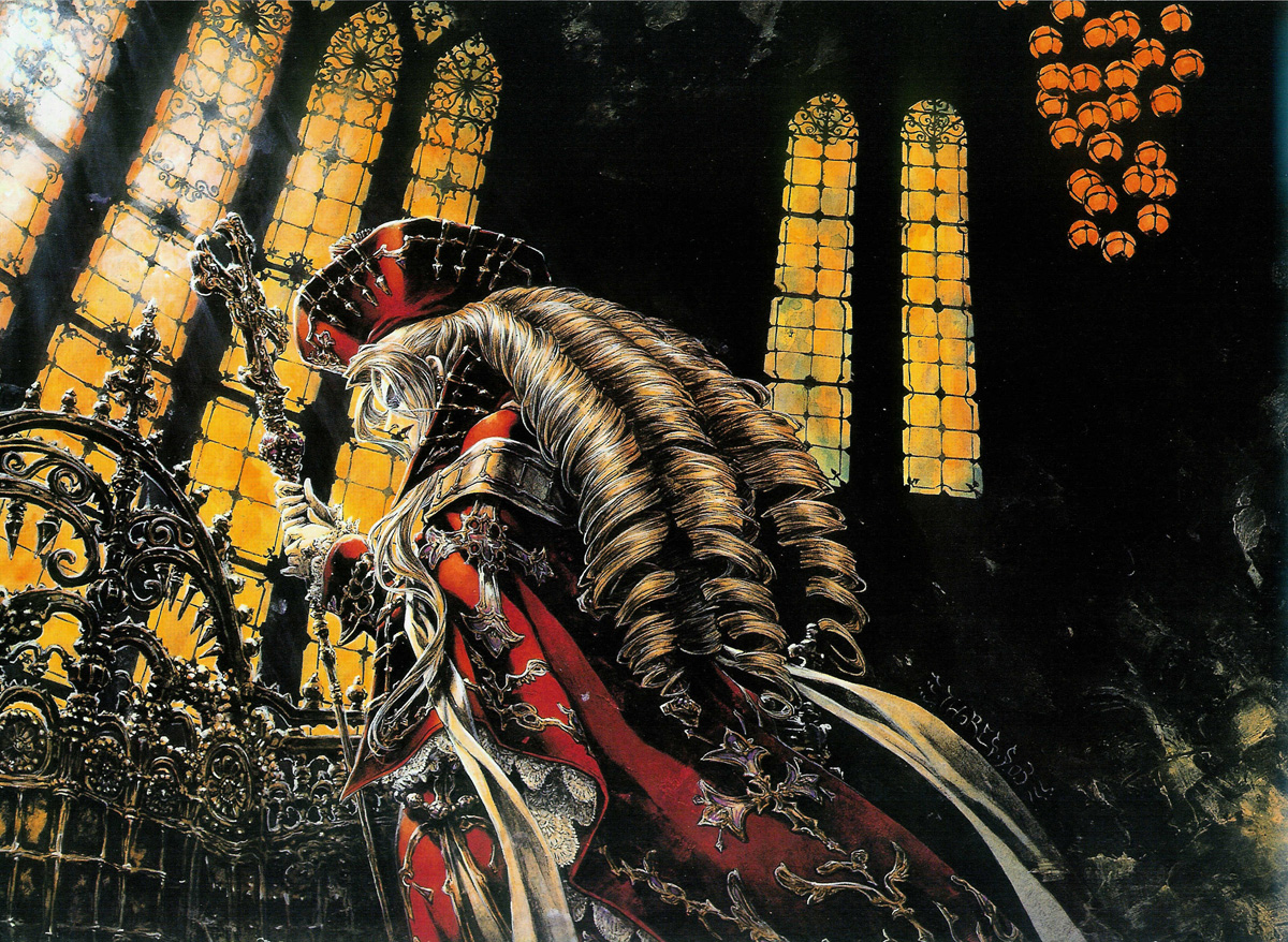 shibamoto thores, caterina sforza, trinity blood, official art, scan, 00s, 1girl, brown hair, church, curly hair, dress, female focus, from behind, indoors, long hair, long sleeves, red dress, solo, standing, very long hair, window