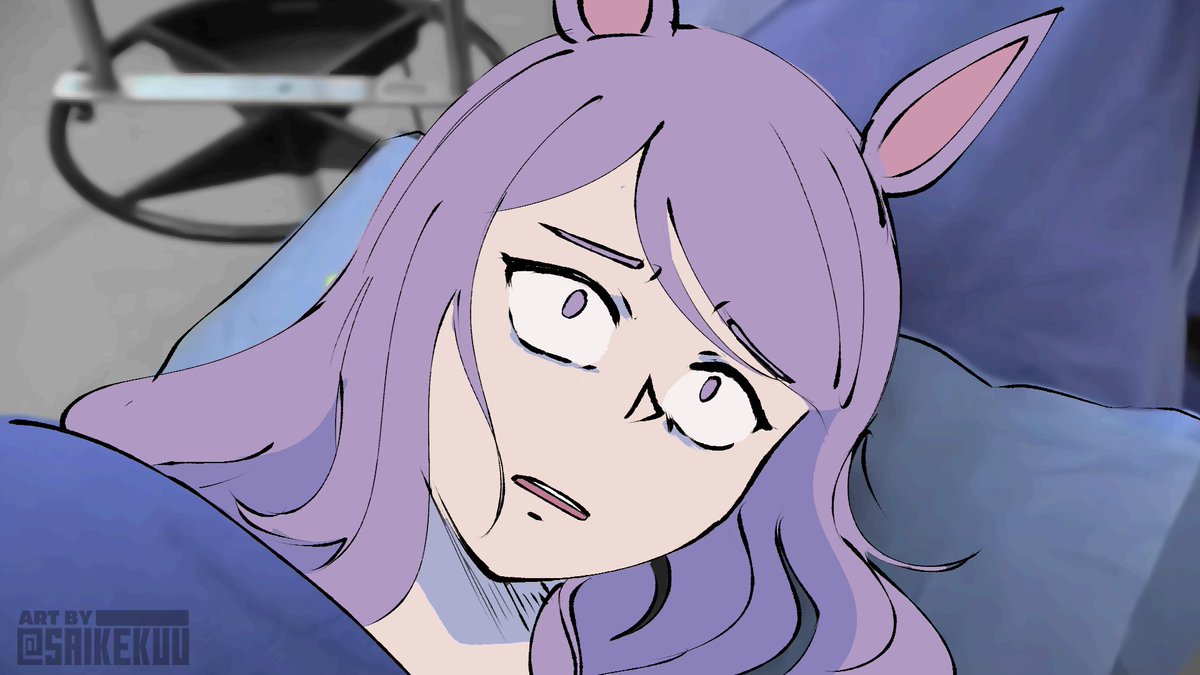 saikekuu, mejiro mcqueen (umamusume), umamusume, commentary, english commentary, 1girl, animal ears, artist name, horse ears, horse girl, hospital, long hair, looking at another, open mouth, operating table, parted bangs, photo background, pillow, purple eyes, purple hair, sanpaku, scared, surgery, table, watermark