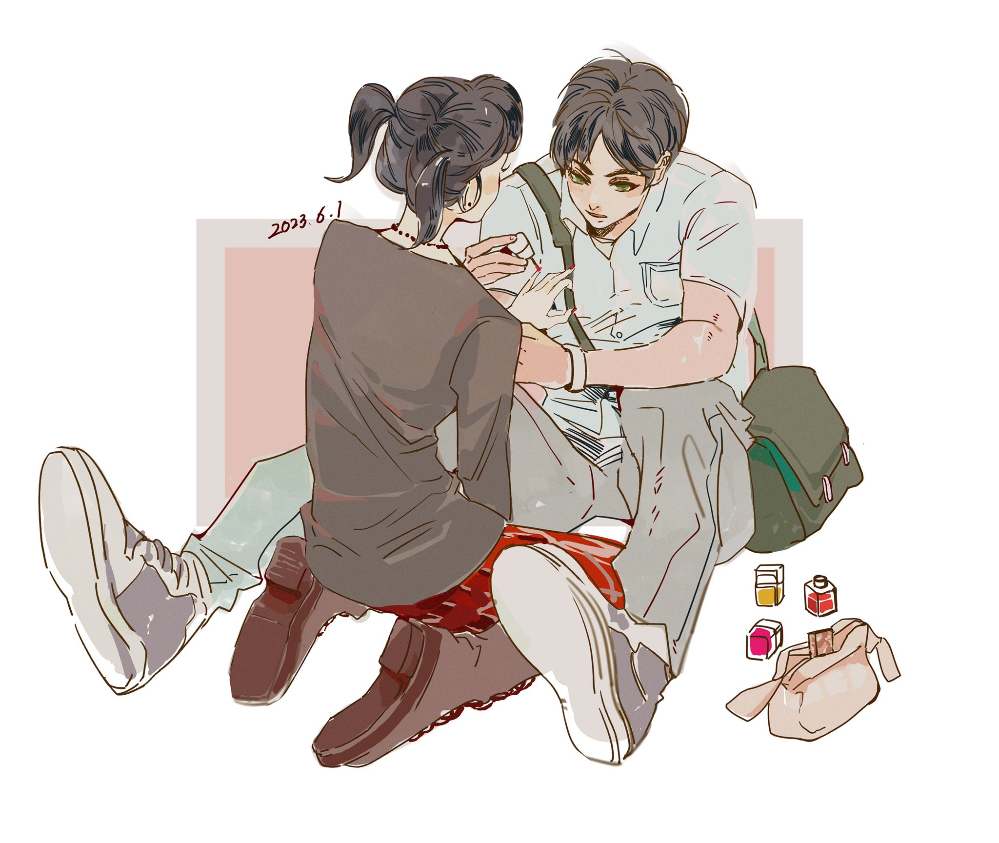 eren yeager, mikasa ackerman, shingeki no kyojin, highres, 1boy, 1girl, alternate universe, applying another's makeup, applying makeup, bag, black hair, black shirt, boots, border, breasts, brown boots, brown hair, chaerenlover, collared shirt, cosmetics, couple, dated, earrings, full body, green eyes, grey bag, grey pants, grey shoes, hetero, holding another's wrist, jewelry, kneeling, looking at another, medium breasts, nail polish bottle, nail polish brush, necklace, official alternate costume, official alternate hairstyle, pants, parted bangs, pink background, plaid clothes, plaid skirt, red skirt, shirt, shoes, short twintails, shoulder bag, sitting, skirt, sneakers, twintails, white border, white shirt, wristband