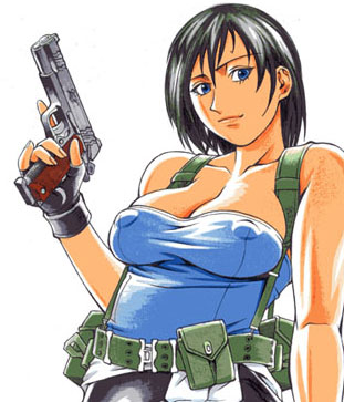minyanyako, jill valentine, resident evil, resident evil 3: nemesis, lowres, 1girl, blue eyes, breasts, cleavage, cocked hammer, female focus, gun, handgun, m1911, nipples, pistol, semi-automatic pistol, short hair, solo, strapless, tube top, weapon