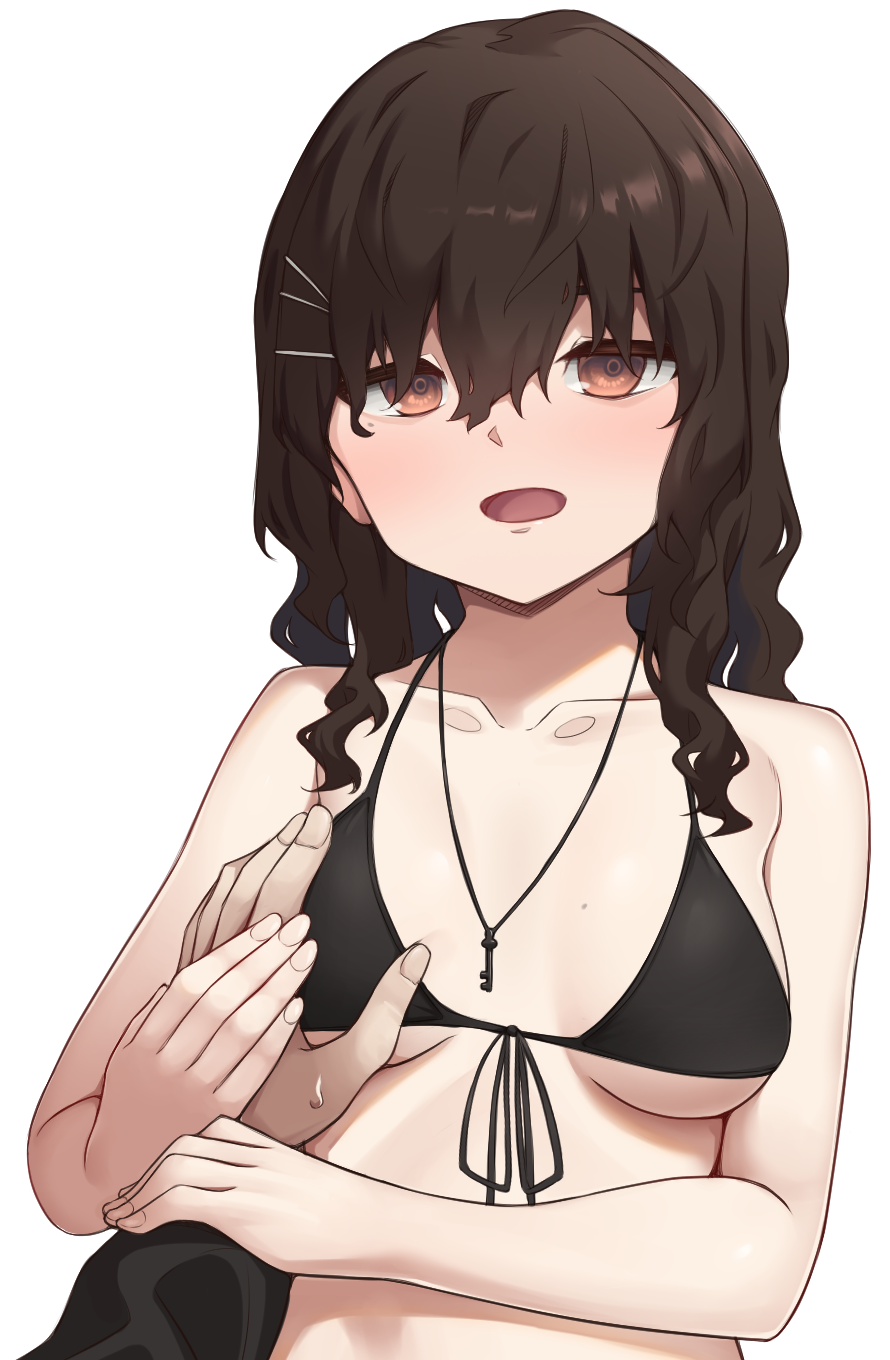 act (xadachit), hatsuchiri (neural cloud), girls' frontline, girls' frontline neural cloud, commentary, highres, 1girl, 1other, bikini, black bikini, black shirt, blush, breasts, brown eyes, brown hair, collarbone, curly hair, dated commentary, front-tie bikini top, front-tie top, groping, hair between eyes, hair ornament, hairclip, hand on another's hand, jewelry, key, key necklace, long hair, long sleeves, looking at viewer, medium breasts, necklace, open mouth, parallel hairclips, pov, pov hands, shirt, sidelocks, simple background, sweat, swimsuit, upper body, white background