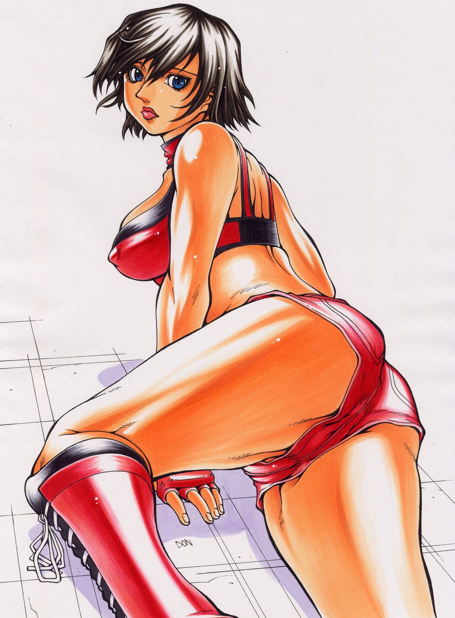 minyanyako, hinomoto reiko, rumble roses, highres, 1girl, ass, black hair, blue eyes, boots, breasts, brown hair, covered erect nipples, female focus, fingerless gloves, from behind, gloves, knee boots, lipstick, looking back, makeup, medium breasts, midriff, nipples, short hair, short shorts, shorts, solo