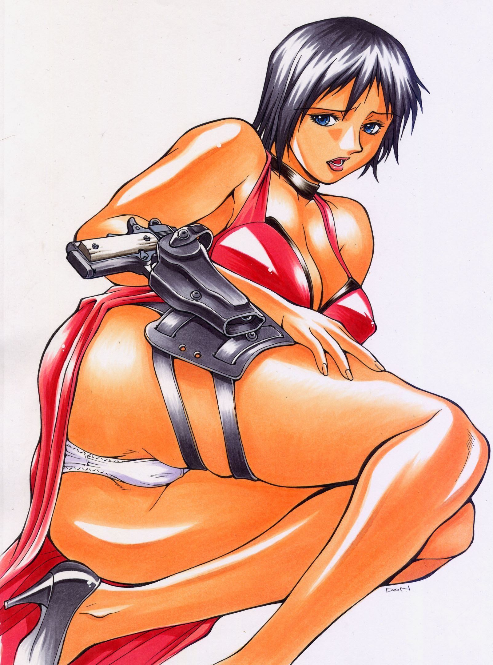 minyanyako, ada wong, resident evil, resident evil 4, highres, 1girl, ass, black hair, blue eyes, breasts, cameltoe, choker, cleavage, dress, female focus, gun, handgun, high heels, holster, legs, lipstick, lying, m1911, makeup, on side, panties, pistol, red dress, shiny skin, shoes, short hair, solo, thigh holster, thigh strap, underwear, weapon, white panties