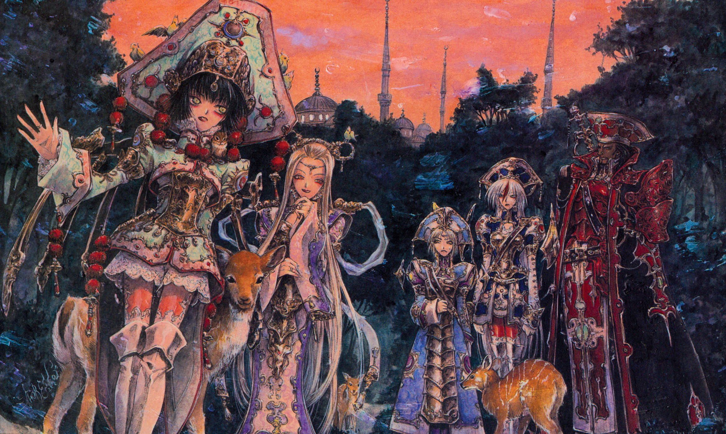 shibamoto thores, astharoshe asran, baibars, baibars (trinity blood), ion fortuna, mirka fortuna, seth nightroad, trinity blood, highres, official art, scan, 00s, 2boys, 3girls, animal, antlers, armor, armored boots, black hair, blonde hair, bonnet, boots, building, hair rings, helmet, holding, holding behind back, horns, long hair, long sleeves, looking at viewer, multiple boys, multiple girls, orange sky, outdoors, plant, reindeer, sheath, sheathed, shoulder pads, sky, standing, sword, tabard, thigh boots, thighhighs, tower, tree, very long hair, weapon, wide sleeves