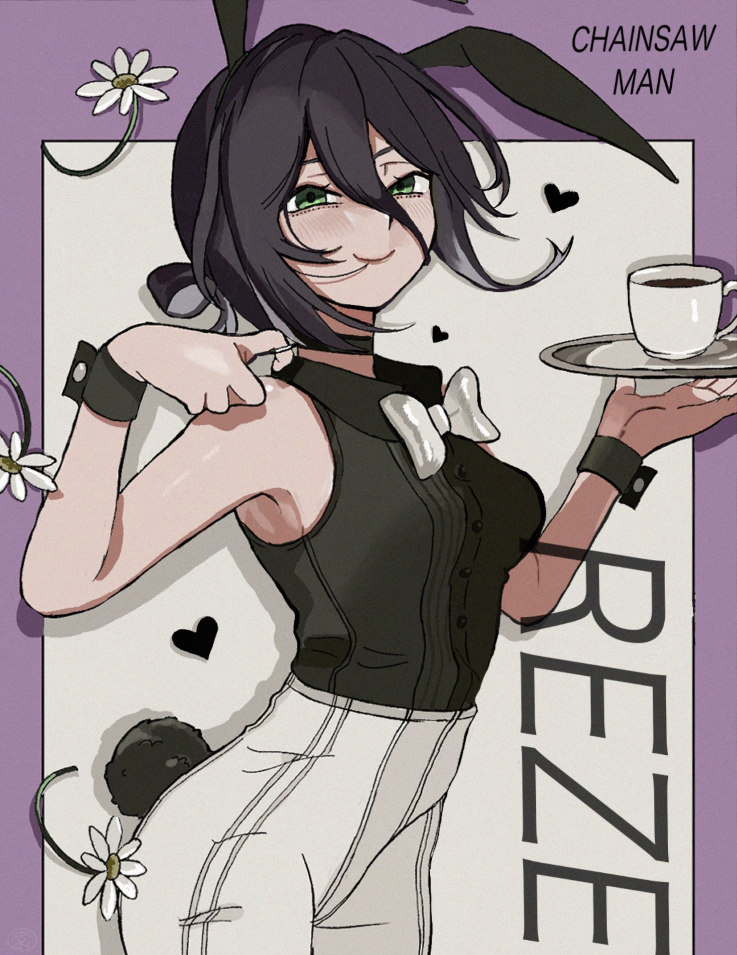 sonodainuha, reze (chainsaw man), chainsaw man, commentary request, highres, 1girl, animal ears, black choker, black hair, black shirt, bow, bowtie, breasts, character name, choker, closed mouth, cup, drink, fake animal ears, fake tail, flower, green eyes, grenade pin, holding, holding tray, medium breasts, playboy bunny, rabbit ears, rabbit tail, shirt, shirt tucked in, sleeveless, sleeveless shirt, smile, solo, tail, teacup, tray, white bow, white bowtie, white flower, wrist cuffs