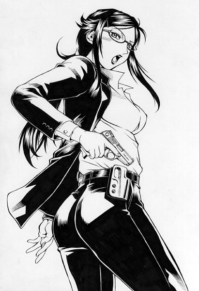 minyanyako, kirihara misaki, darker than black, 00s, ass, blush, from behind, glasses, greyscale, gun, long hair, looking back, monochrome, open mouth, ponytail, solo, weapon