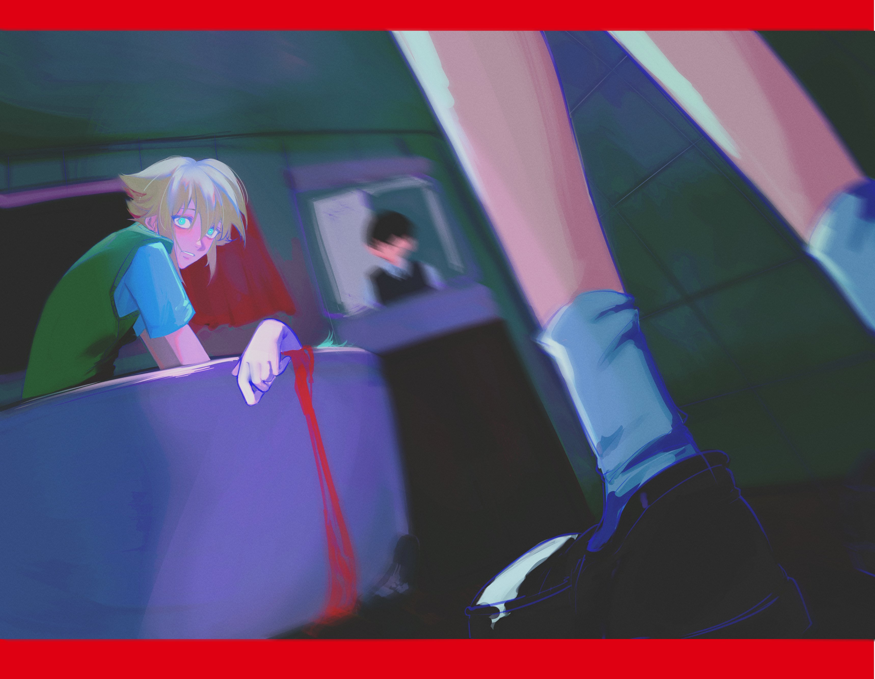 futo (tofuutoufofuto), basil (faraway) (omori), basil (headspace) (omori), basil (omori), sunny (omori), omori, absurdres, hashtag-only commentary, highres, 3boys, ankle socks, bathroom, bathtub, black hair, black shoes, black sweater vest, blonde hair, blood, blurry, clenched teeth, curtains, depth of field, dual persona, from below, green sweater vest, hair between eyes, in bathtub, indoors, letterboxed, looking at another, male focus, mirror, multiple boys, shirt, shoes, short hair, short sleeves, socks, sweater vest, teeth, tile wall, tiles, white shirt, white socks, window