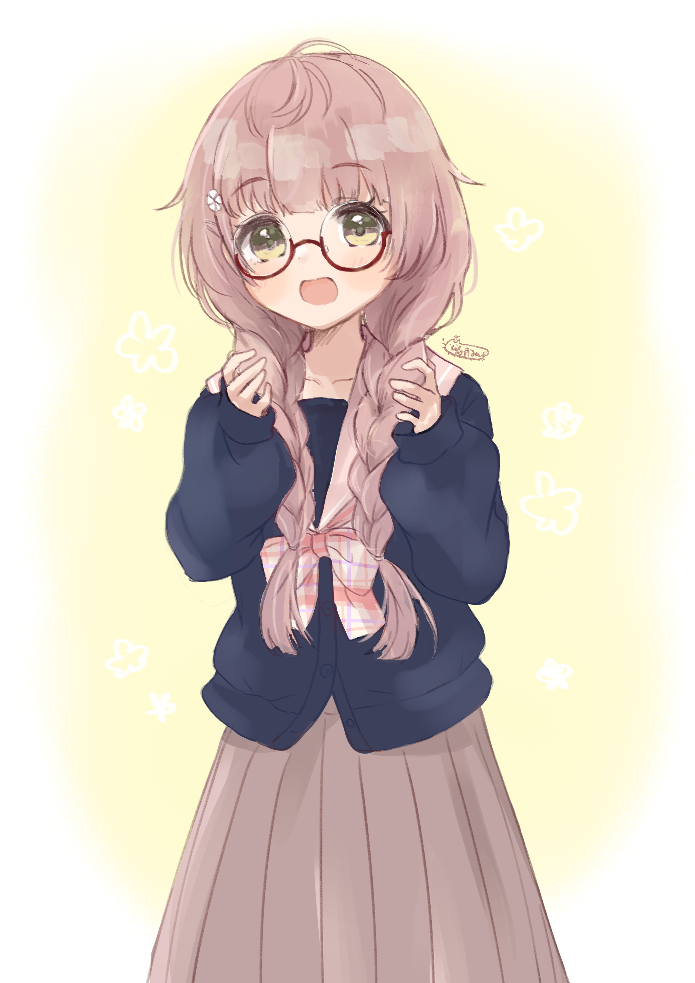 kudukimii, ikuta haruki, idolmaster, idolmaster shiny colors, absurdres, commentary request, highres, 1girl, bespectacled, black cardigan, blush, braid, brown hair, brown skirt, cardigan, collarbone, glasses, long hair, looking at viewer, official alternate hairstyle, pleated skirt, red-framed eyewear, semi-rimless eyewear, signature, skirt, smile, solo, twin braids, under-rim eyewear