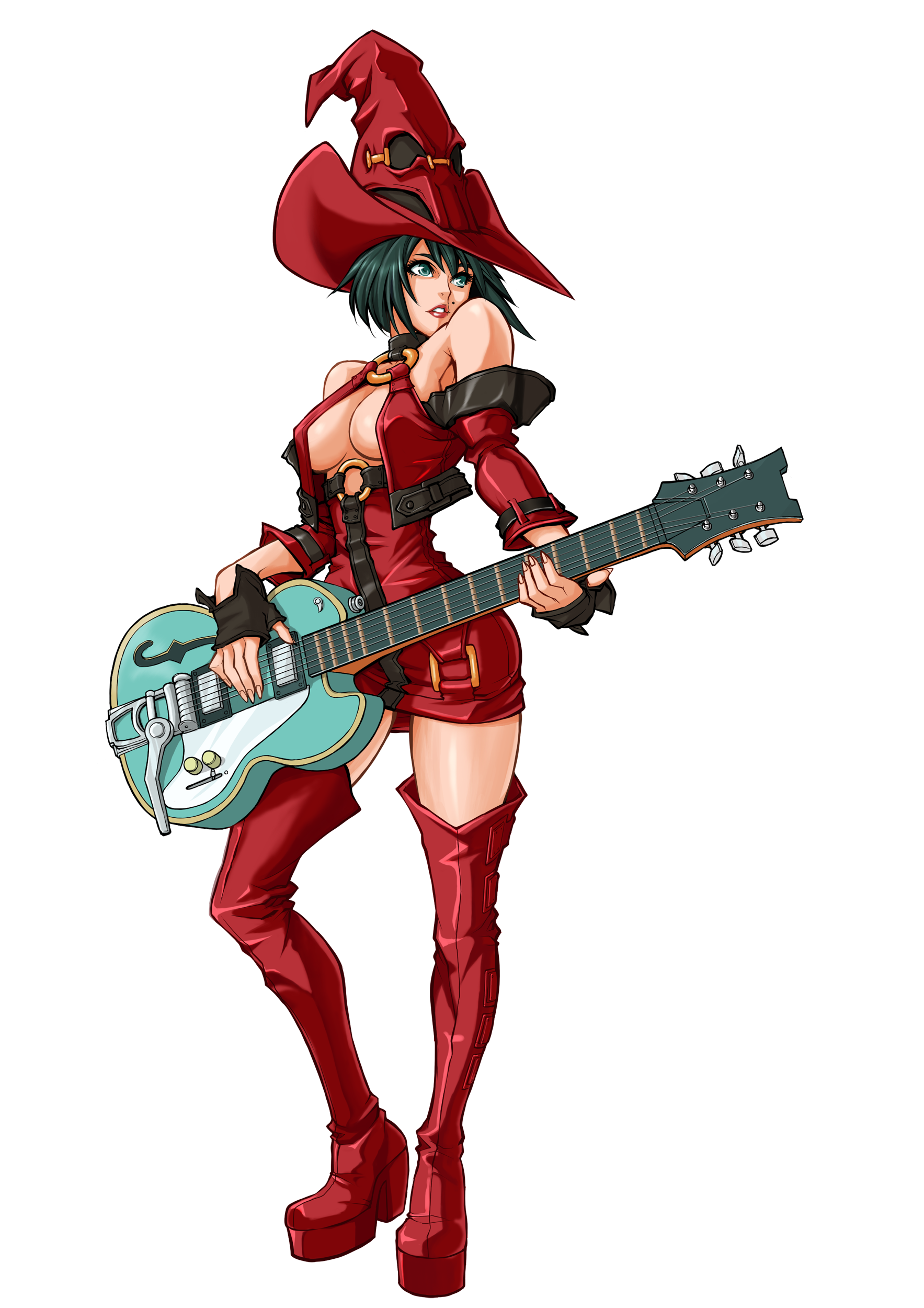 i-no, arc system works, guilty gear, guilty gear xx, platform footwear, absurdres, highres, non-web source, official art, 1girl, aqua eyes, bare shoulders, black hair, boots, breasts, breasts apart, buckle, cleavage, cropped jacket, dress, electric guitar, female focus, fingerless gloves, fingernails, full body, gloves, guitar, halterneck, hat, high heel boots, high heels, holding, instrument, jacket, large breasts, leather, lipstick, long fingernails, looking afar, makeup, mole, narrow waist, no bra, o-ring, o-ring top, off shoulder, open clothes, open jacket, parted lips, platform boots, red boots, red dress, red hat, red lips, red thighhighs, short dress, short hair, sideboob, simple background, solo, standing, thigh boots, thighhighs, wide hips, witch hat, zettai ryouiki