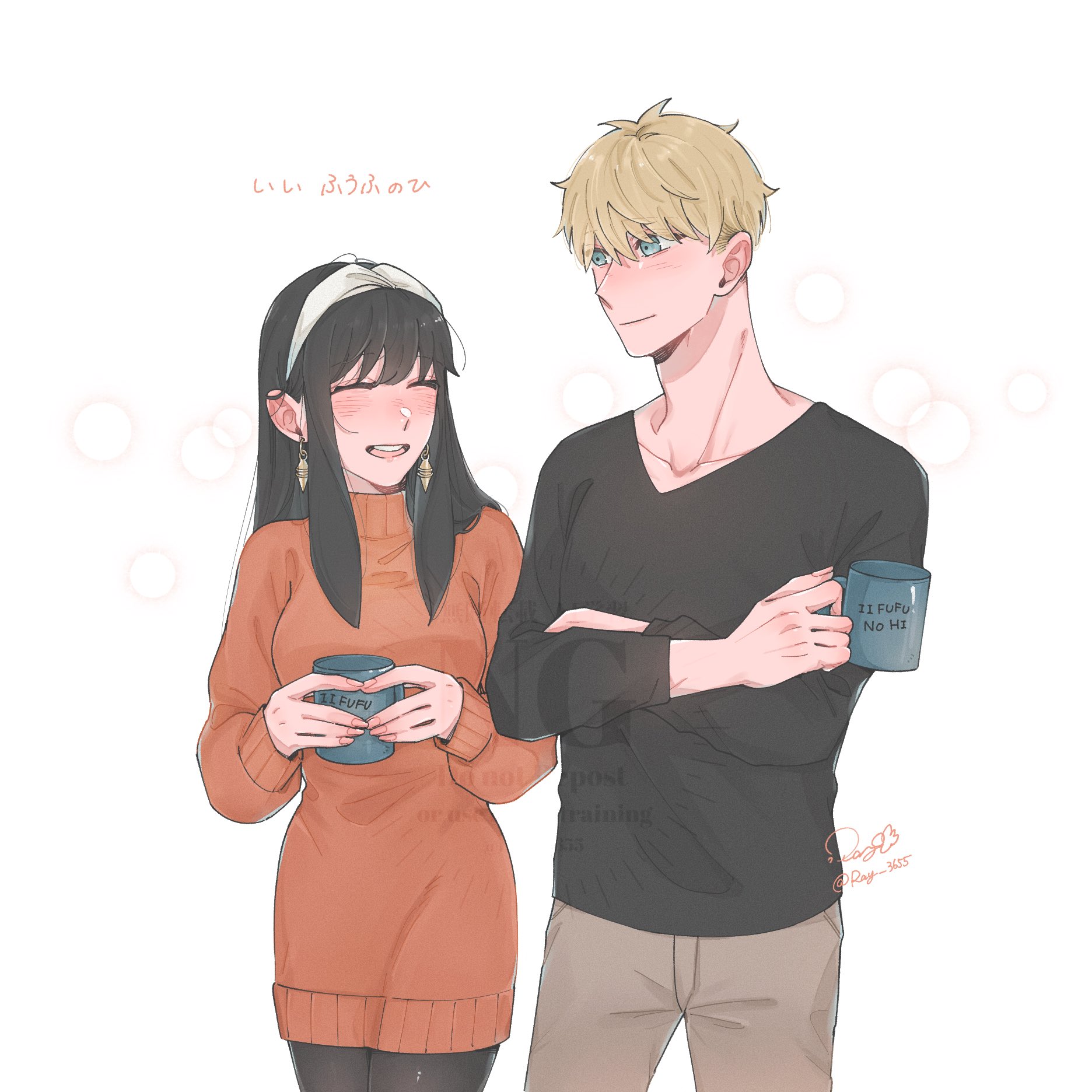 twilight (spy x family), yor briar, spy x family, highres, 1boy, 1girl, black hair, black pantyhose, black shirt, blonde hair, blue eyes, blush, breasts, closed eyes, closed mouth, cowboy shot, crossed arms, cup, dress, earrings, gold earrings, grey pants, hair between eyes, hairband, holding, holding cup, jewelry, light smile, long hair, long sleeves, looking at another, medium breasts, open mouth, pants, pantyhose, ray 3655, red dress, red sweater, shirt, short hair, sidelocks, sign, smile, sweater, sweater dress, turtleneck, turtleneck dress, turtleneck sweater, twitter username, white background, white hairband