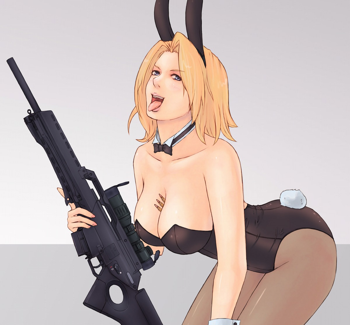 alva, heckler & koch, 1girl, ammunition, animal ears, assault rifle, between breasts, blonde hair, bow, bowtie, breasts, bullet, civilian rifle, cleavage, cuffs, fake animal ears, female focus, gun, h&k g36, necktie, pantyhose, playboy bunny, rabbit ears, rabbit tail, rifle, rifle cartridge, scope, semi-automatic rifle, sl8, sniper rifle, solo, tail, tongue, weapon