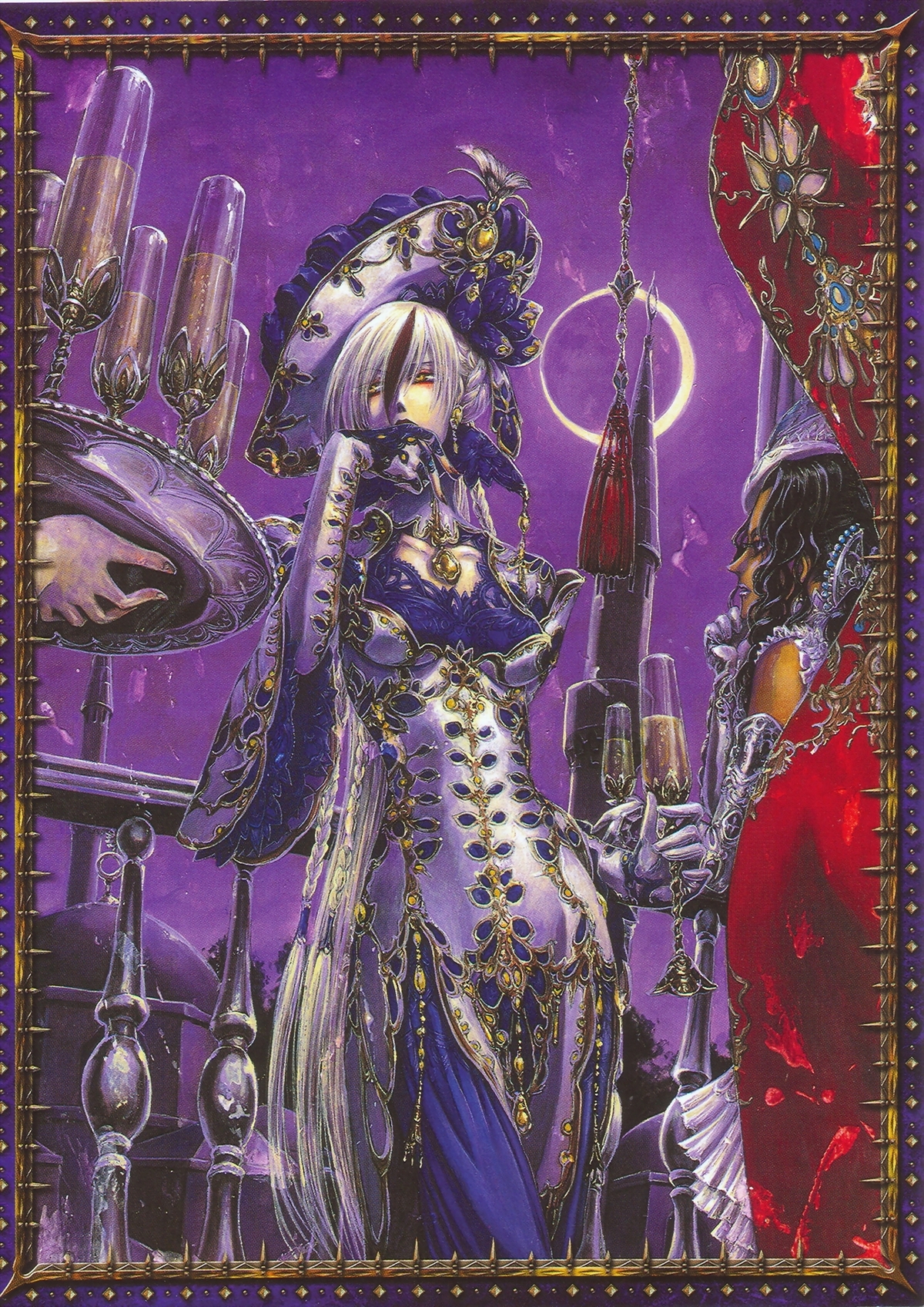 shibamoto thores, astharoshe asran, trinity blood, french braid, silver hair, highres, official art, scan, 00s, 2girls, alcohol, back, blue eyes, braid, brooch, champagne, dark-skinned female, dark skin, gem, glass, jewelry, long sleeves, looking at viewer, multiple girls, nail polish, profile, short hair, skinny, slender, standing, tassel, tray