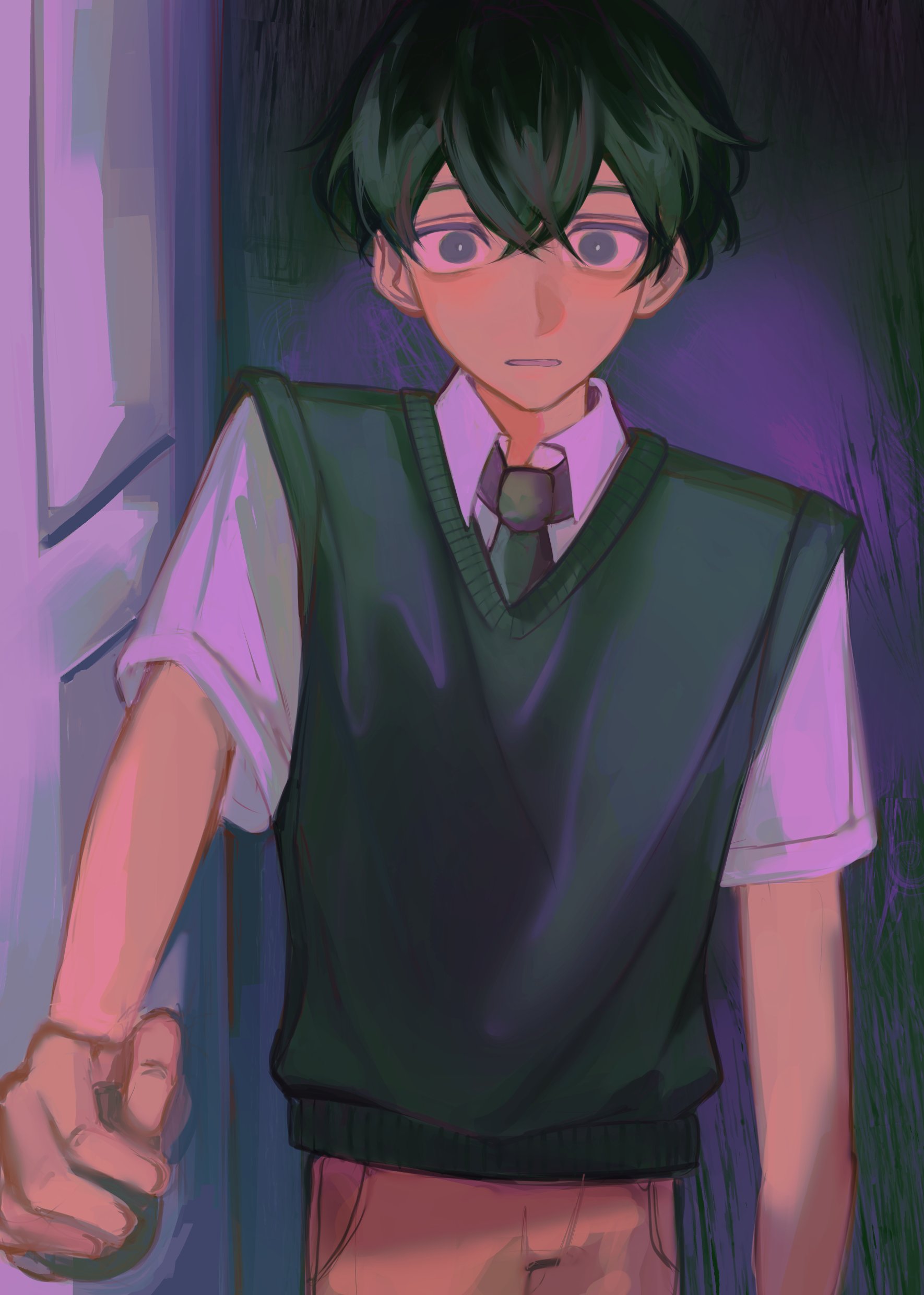 futo (tofuutoufofuto), sunny (omori), omori, absurdres, commentary, highres, symbol-only commentary, 1boy, black eyes, black hair, black necktie, bright pupils, brown pants, clenched teeth, collared shirt, cowboy shot, crossed bangs, door, double-parted bangs, hair behind ear, hair between eyes, indoors, looking at viewer, male focus, necktie, opening door, pants, shirt, short hair, short sleeves, simple background, solo, standing, teeth, very short hair, white pupils, white shirt, wide-eyed