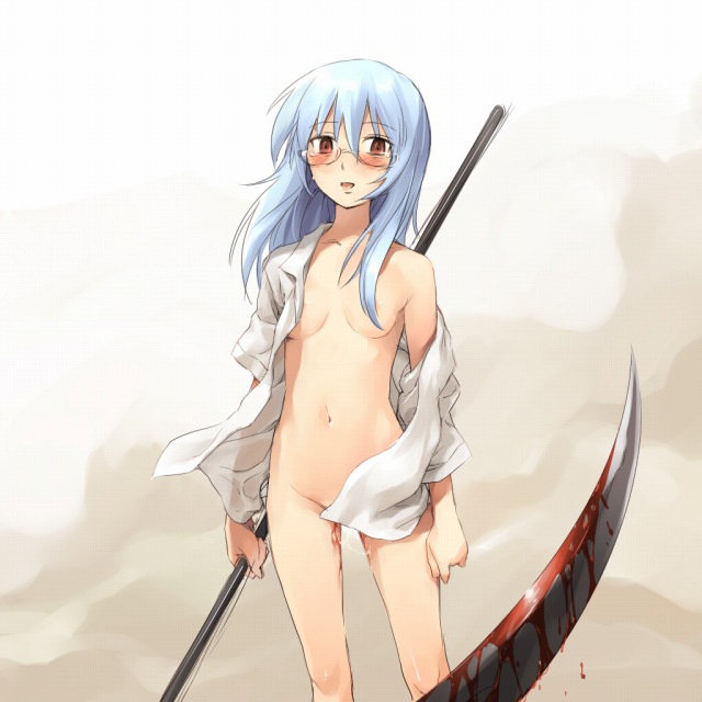 mosha, amamiya sakurako, psyren, 1girl, aftersex, blood, blue hair, blush, censored, convenient censoring, defloration, female focus, flat chest, glasses, long hair, no bra, no panties, off shoulder, open clothes, open shirt, scythe, shirt, solo
