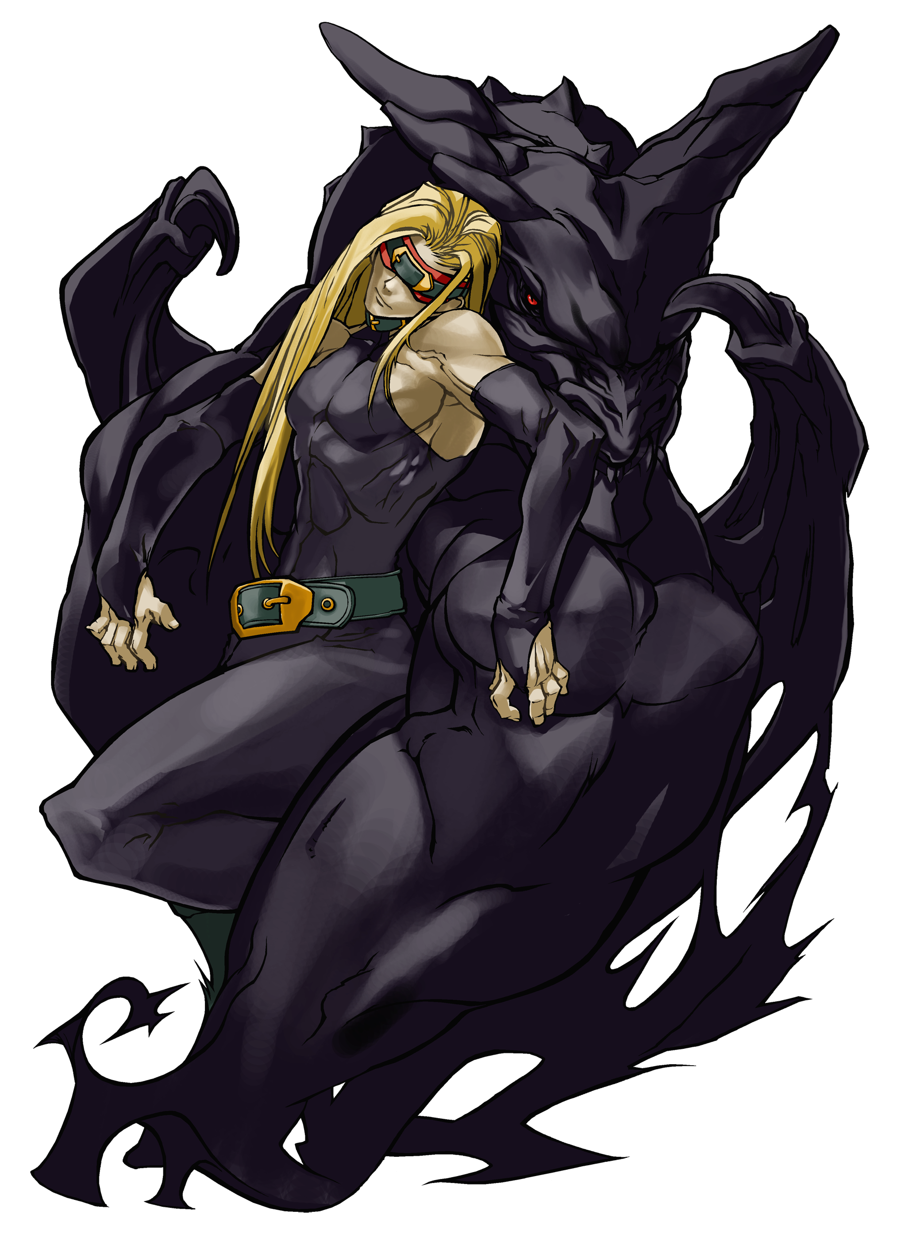 eddie (guilty gear), zato-1, arc system works, guilty gear, guilty gear x, guilty gear xx, absurdres, highres, non-web source, official art, 1boy, belt, blindfold, blonde hair, long hair, male focus, monster, muscular, shadow, solo
