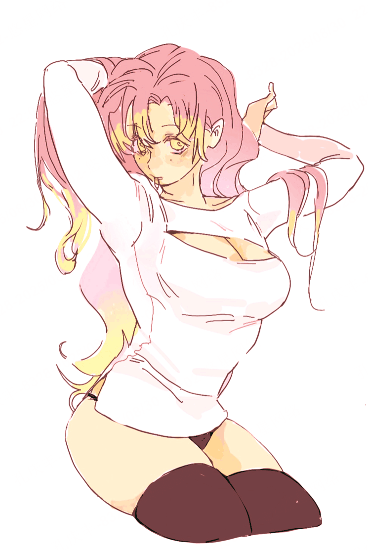 kanroji mitsuri, kimetsu no yaiba, 1girl, arms behind head, black panties, black thighhighs, blonde hair, breasts, chaerenlover, cleavage, cleavage cutout, clothing cutout, cropped legs, hair between eyes, hair tie in mouth, hands in own hair, large breasts, long hair, long sleeves, looking at viewer, mole, mole under each eye, mole under eye, mouth hold, multicolored hair, multiple moles, panties, parted bangs, pink hair, shirt, sketch, skindentation, solo, thighhighs, thighs, two-tone hair, underwear, white background, white shirt, yellow eyes