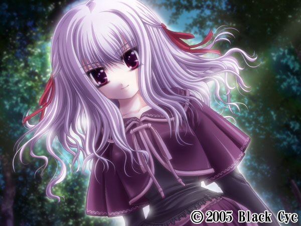 ueda metawo, yuka, yuka (gore screaming show), gore screaming show, 1girl, child, dress, female focus, forest, nature, purple hair, red eyes, ribbon, solo