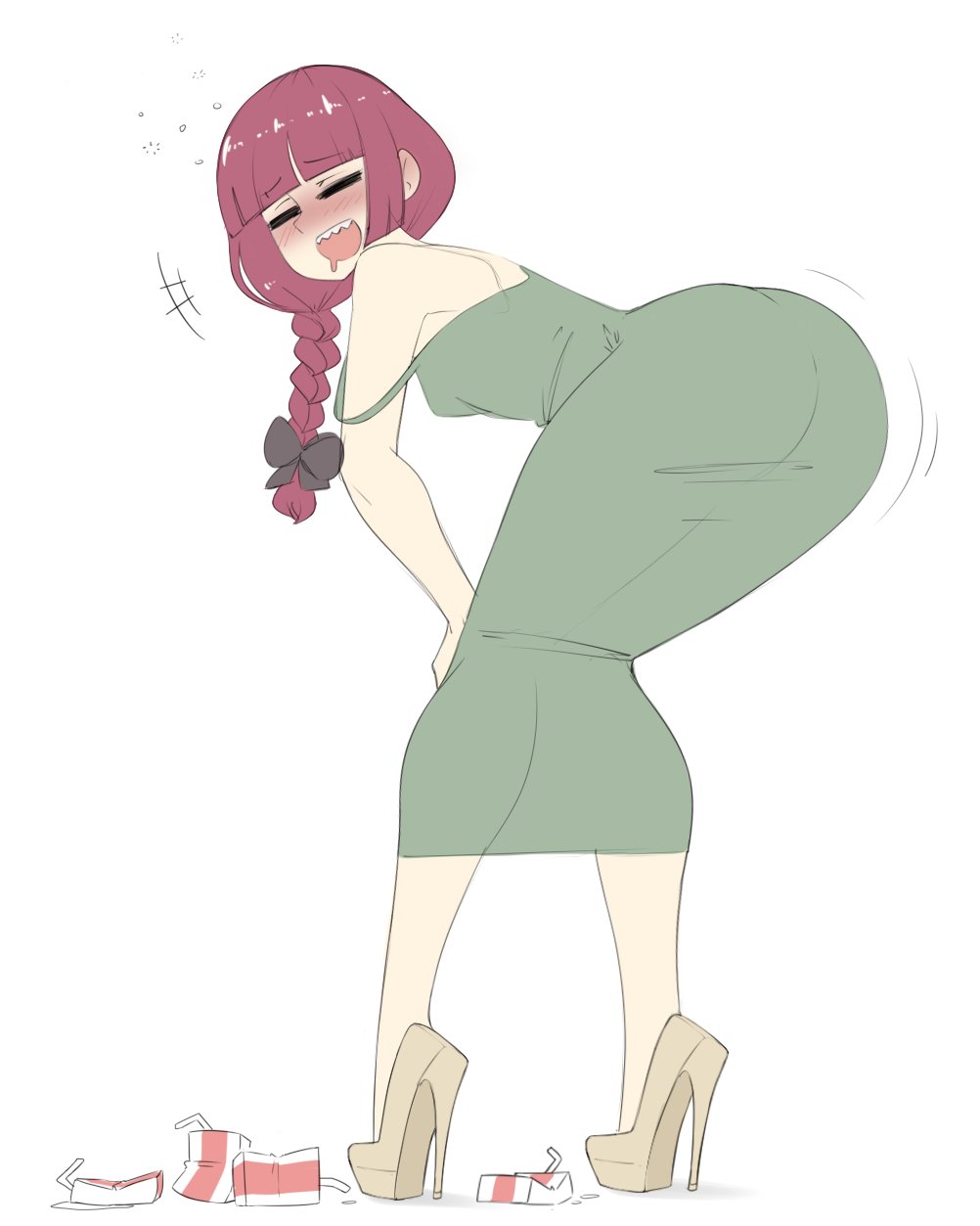 sealguy, hiroi kikuri, bocchi the rock!, highres, ass, dress, drunk, green dress, high heels, huge ass, motion lines, platform heels, red hair, simple background, squeans