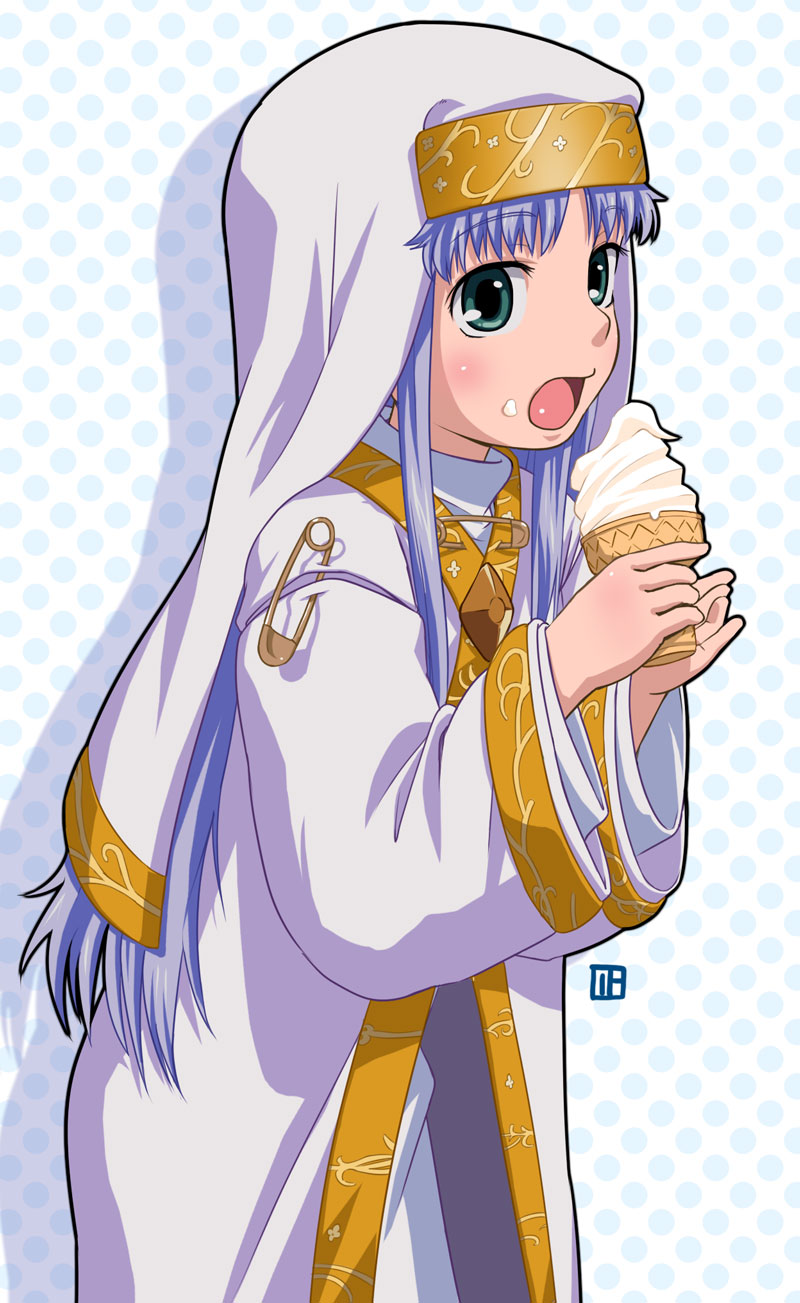 nagian, index (toaru majutsu no index), toaru majutsu no index, bad id, bad pixiv id, highres, 00s, blue hair, food, green eyes, ice cream, long hair, robe, safety pin, solo