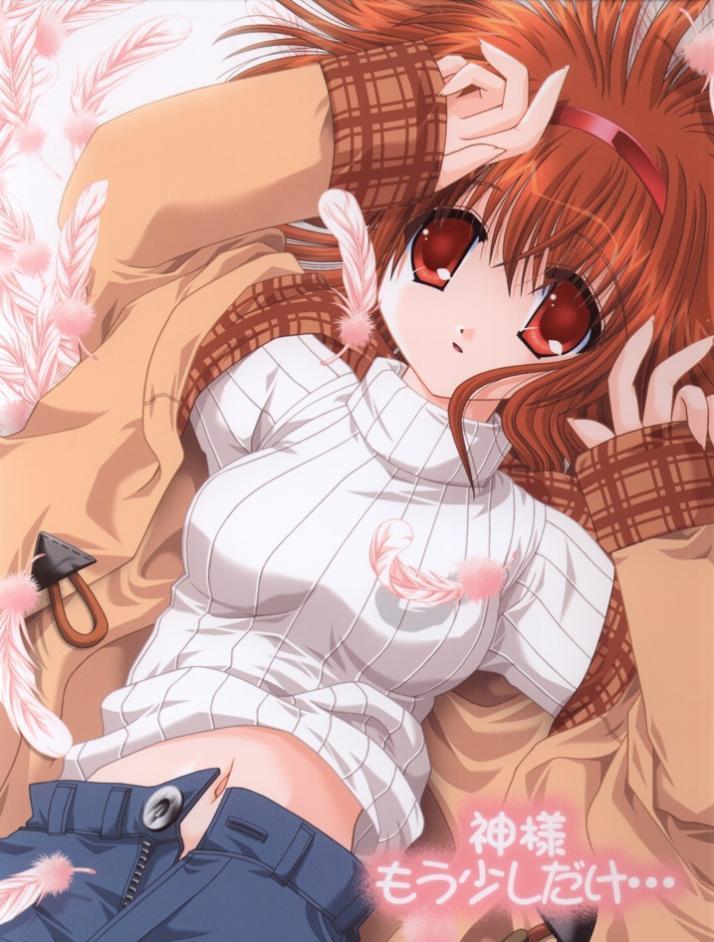 nekoneko, tsukimiya ayu, kanon, scan, 1girl, female focus, midriff, navel, open clothes, orange hair, red eyes, ribbon, solo, wings