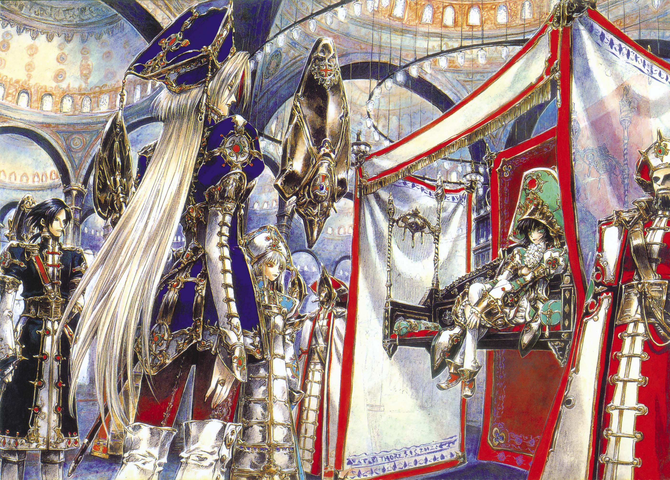 shibamoto thores, astharoshe asran, baibars, baibars (trinity blood), ion fortuna, radu barvon, seth nightroad, trinity blood, silver hair, highres, official art, scan, 00s, 3boys, 3girls, arch, armor, armored boots, beard, black hair, boots, building, expressionless, facial hair, from behind, green eyes, hat, indoors, jewelry, lips, long hair, long sleeves, multiple boys, multiple girls, outdoors, pillar, puffy long sleeves, puffy sleeves, ring, shield, sitting, standing, tabard, tassel, very long hair