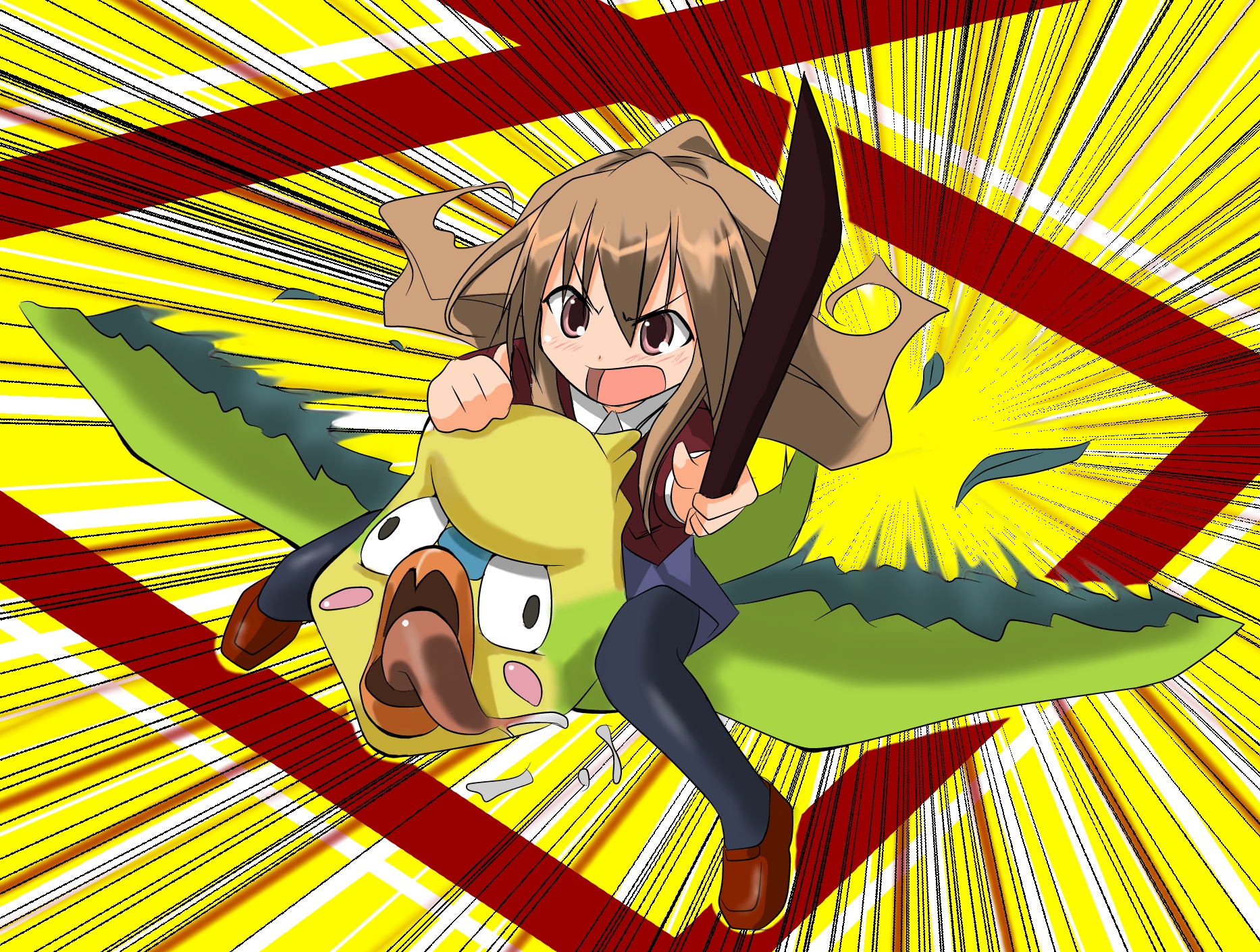 naz (garyuuya), aisaka taiga, inko (toradora), toradora!, bad id, bad pixiv id, highres, 00s, bokken, brown hair, red eyes, school uniform, serafuku, sword, thighhighs, weapon, wooden sword