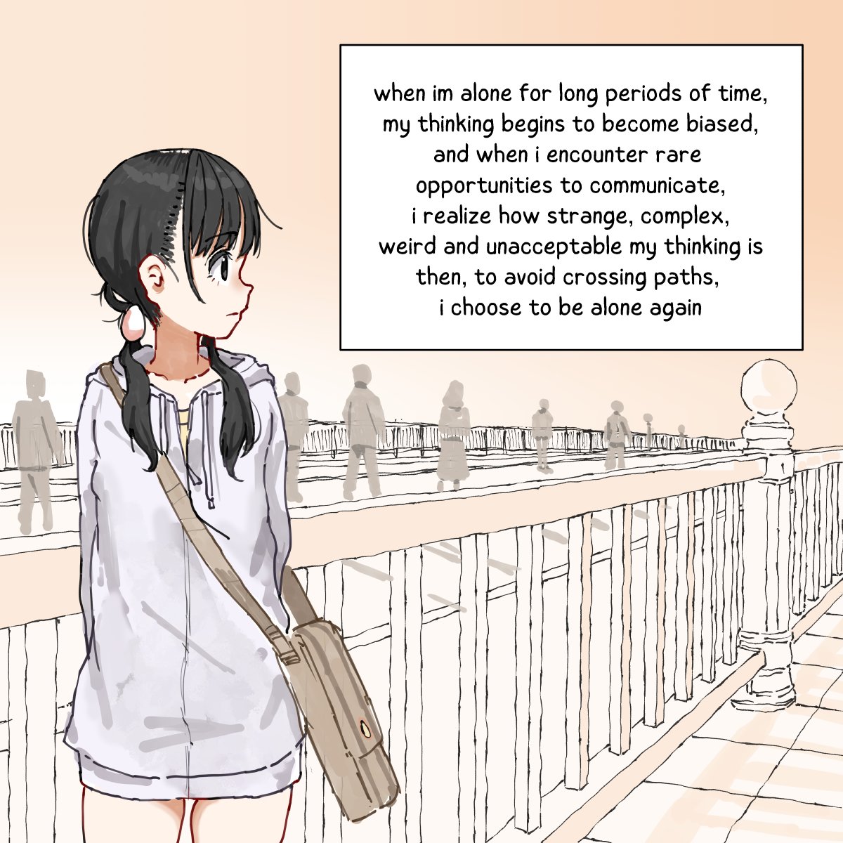 aiu404l, egg (aiu404l), original, highres, 1girl, 6+others, arms behind back, bag, black eyes, black hair, cowboy shot, egg hair ornament, english text, food-themed hair ornament, hair ornament, hood, hoodie, light frown, looking to the side, low twintails, multiple others, railing, road, solo focus, twintails, white hoodie