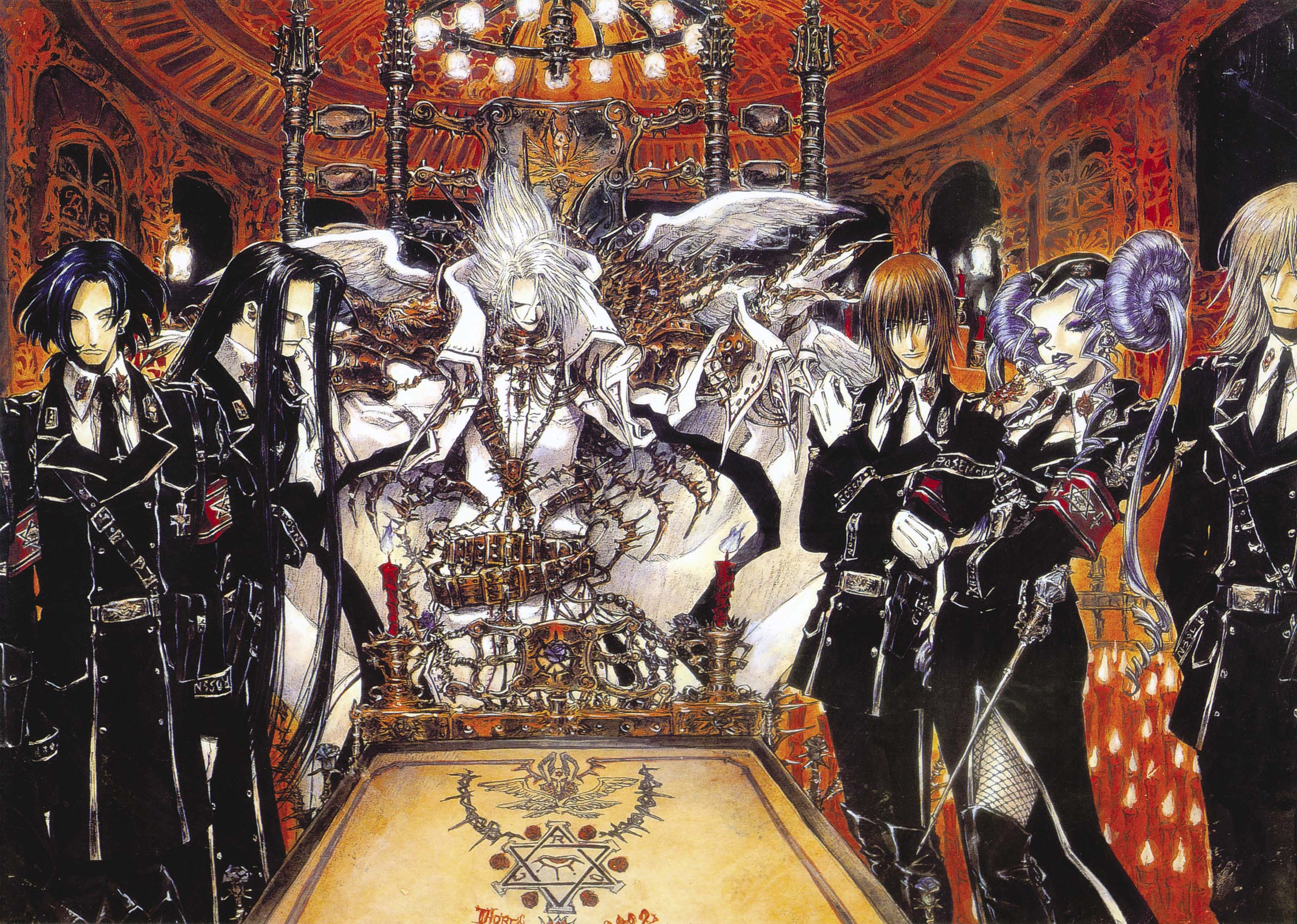 shibamoto thores, balthasar von neumann, cain nightroad, dietrich von lohengrin, helga von vogelweide, isaak fernand von kampfer, melchior von neumann, radu barvon, trinity blood, silver hair, uniform, highres, official art, scan, 00s, 1girl, 5boys, belt, black hair, blue hair, brown hair, buckle, chandelier, closed eyes, gloves, hexagram, indoors, lamp, long hair, long sleeves, looking at viewer, multiple boys, outstretched arms, pants, rapier, sheath, sheathed, standing, sword, very long hair, weapon, white gloves, wings