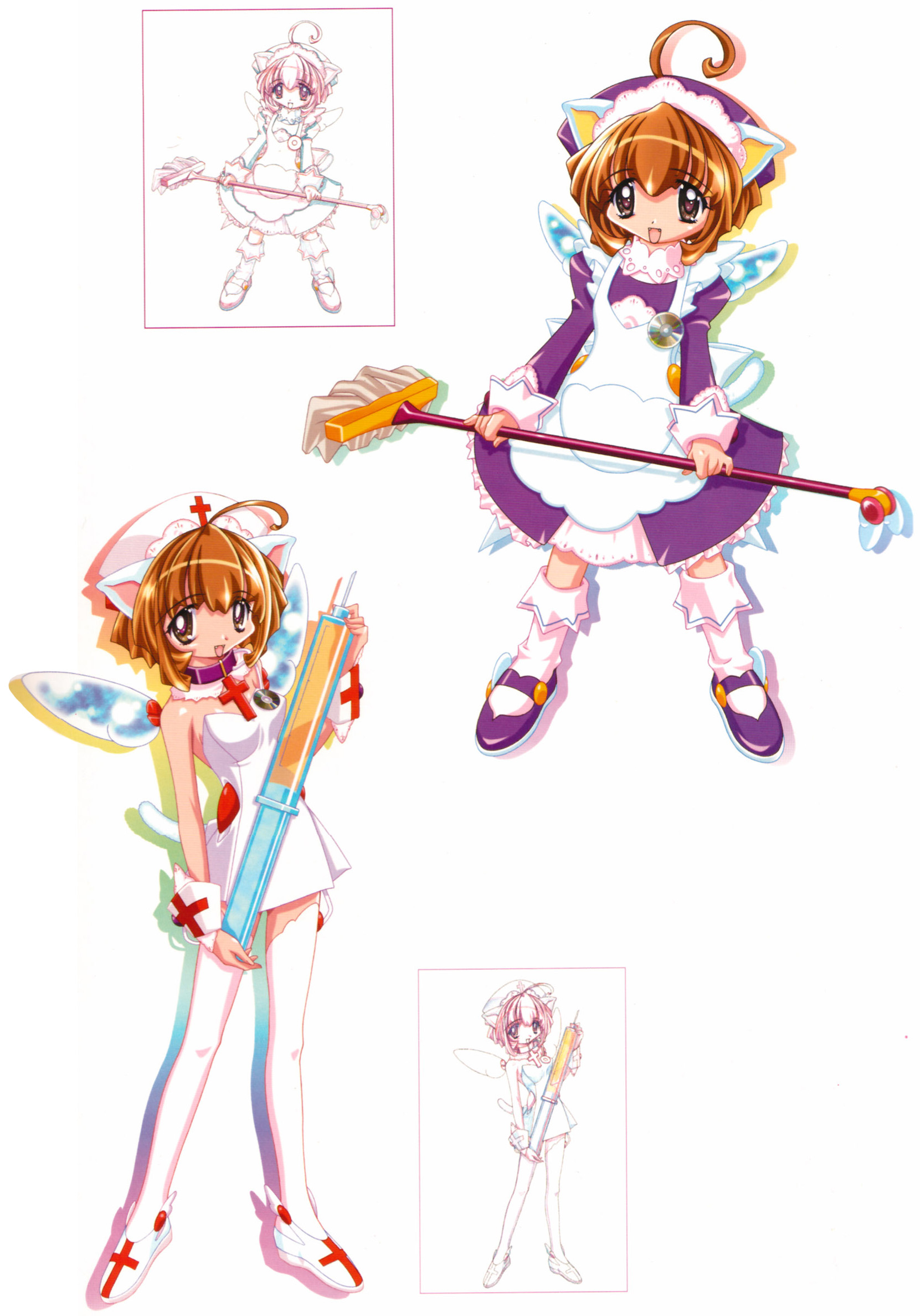 sugiyama genshou, highres, animal ears, brown hair, cat ears, cat tail, maid, needle, nurse, short hair, tail, thighhighs, wings