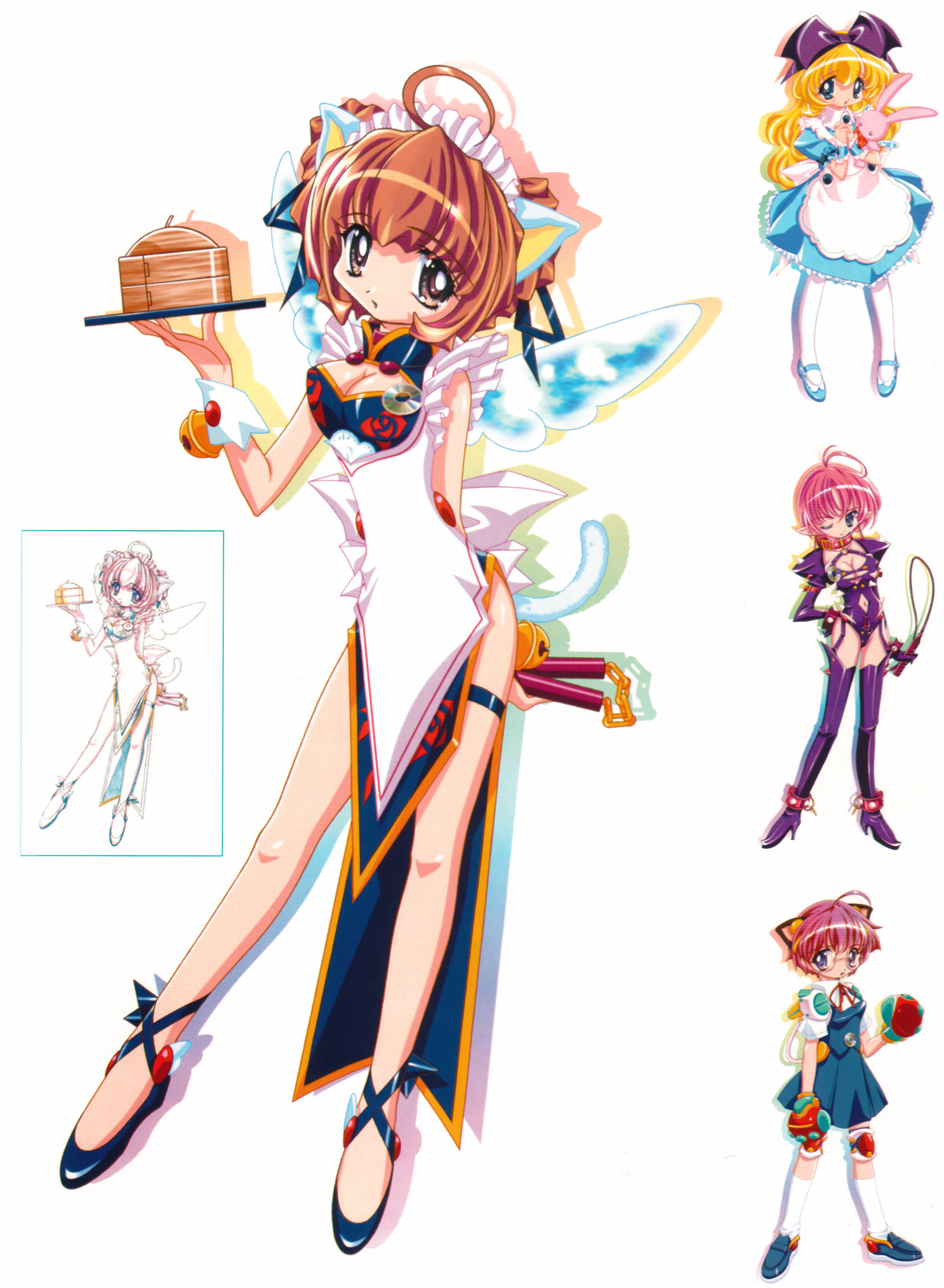 sugiyama genshou, alice, alice (alice in wonderland), character request, highres, 4girls, blonde hair, brown hair, elf, garter belt, glasses, long hair, looking at viewer, maid, multiple girls, pink hair, pointy ears, short hair, simple background, whip, white background, wings